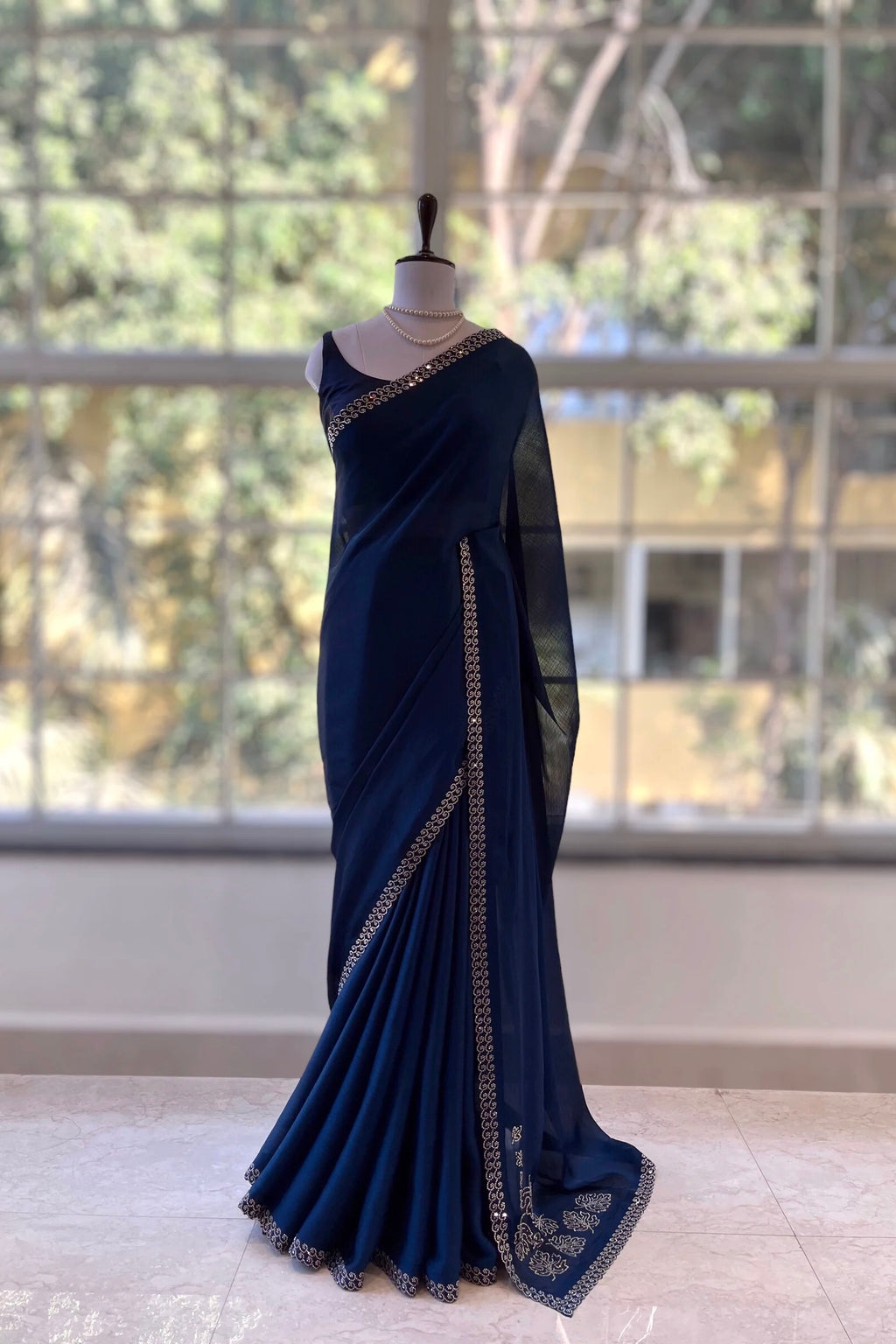 Swarovski embellished Marble Chiffon Saree - Navy Blue