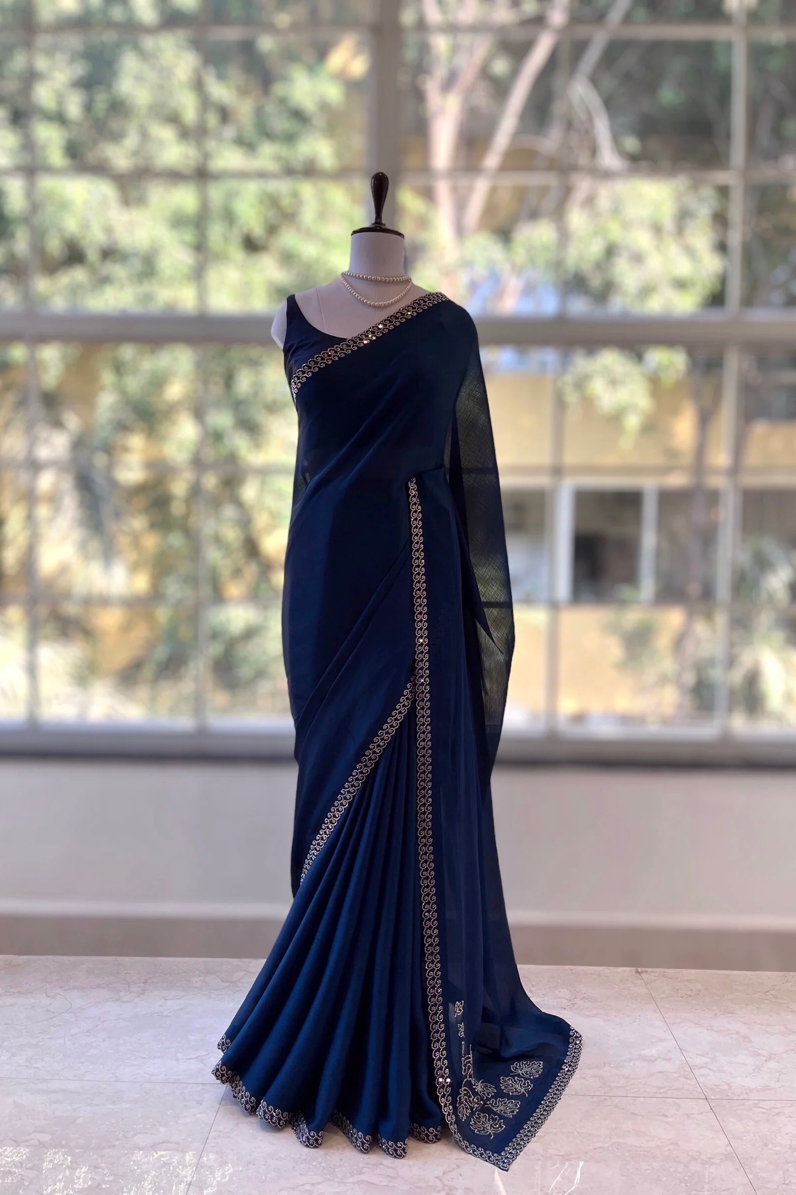 Swarovski embellished Marble Chiffon Saree - Navy Blue