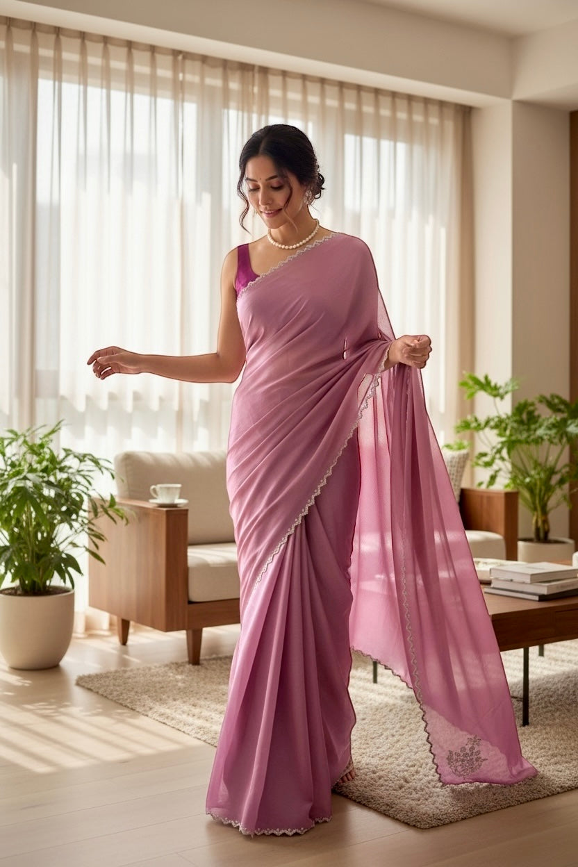 Pink swarovski embellished chiffon saree