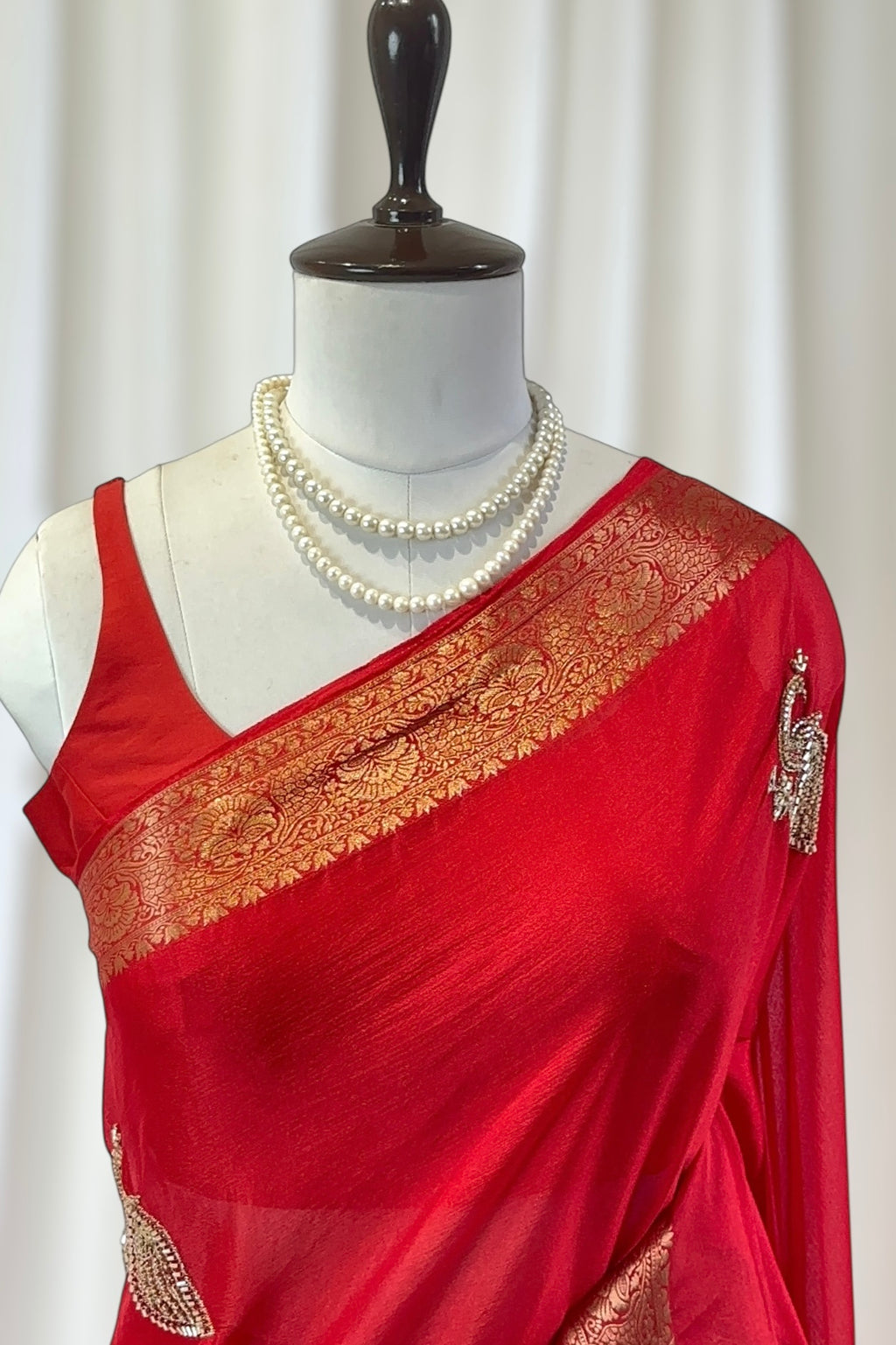 Peacock embellished zari chiffon saree - Red