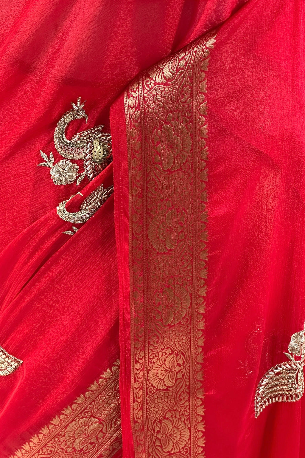 Peacock embellished zari chiffon saree - Red