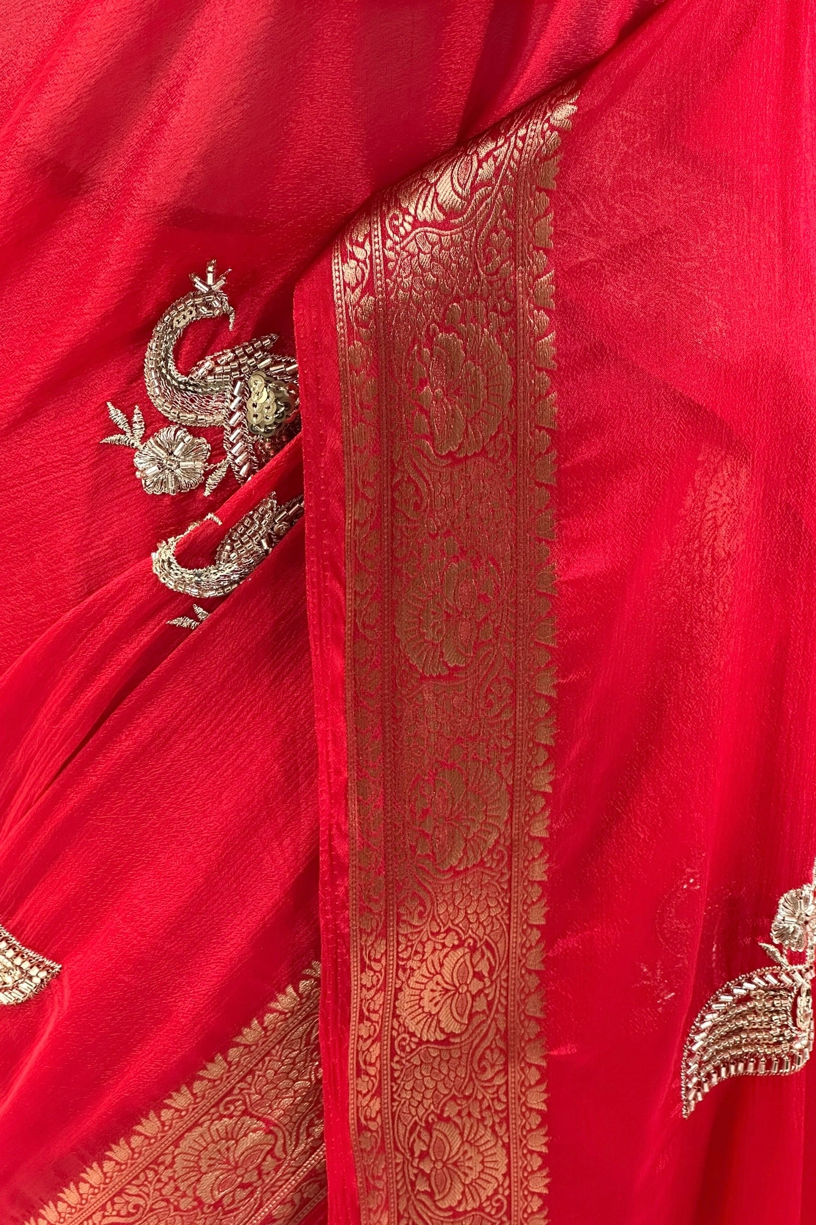 Peacock embellished zari chiffon saree - Red
