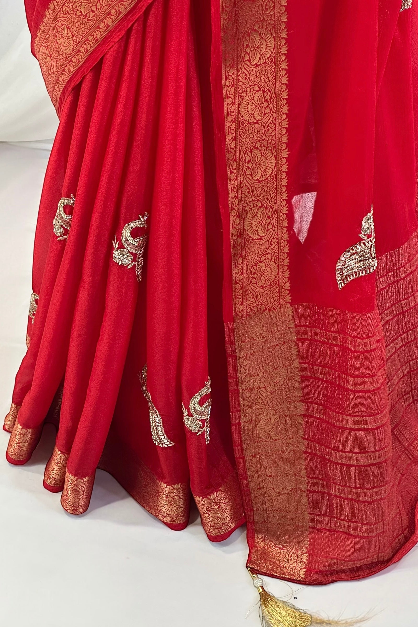 Peacock embellished zari chiffon saree - Red