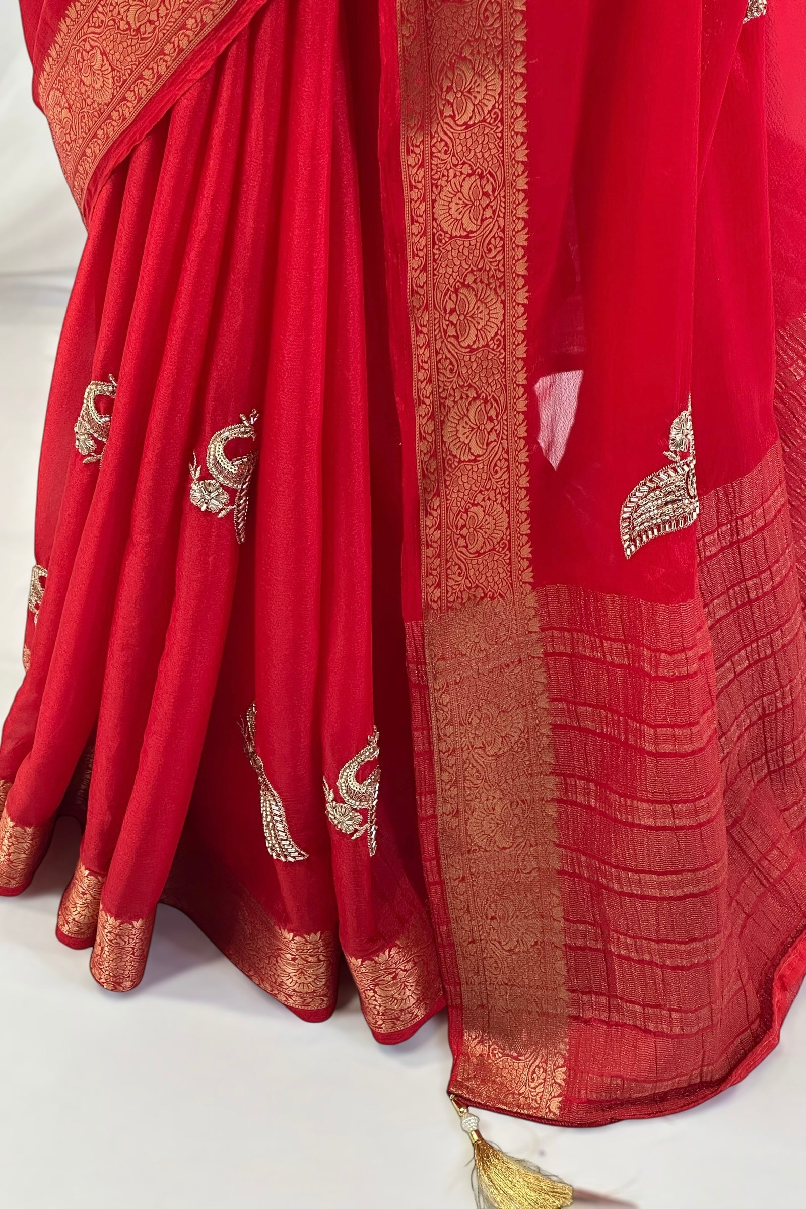 Peacock embellished zari chiffon saree - Red
