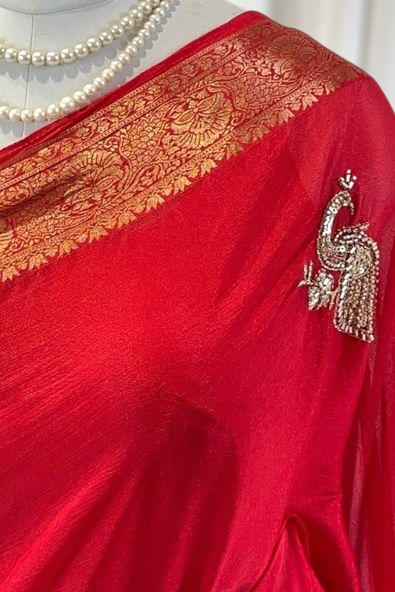 Peacock embellished zari chiffon saree - Red