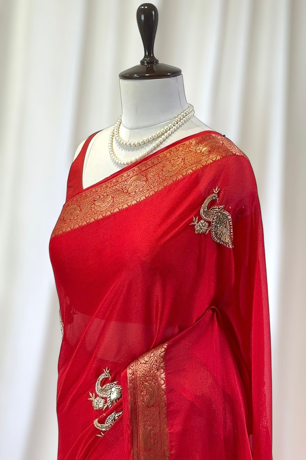 Peacock embellished zari chiffon saree - Red