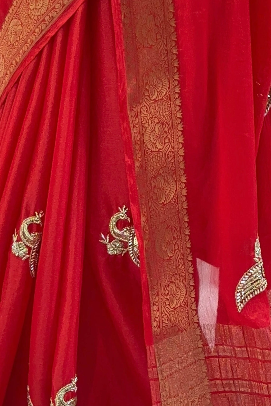 Peacock embellished zari chiffon saree - Red