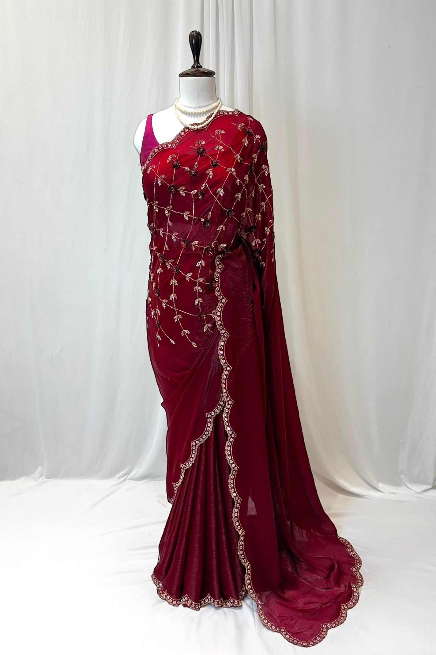 Designer maroon scallop saree