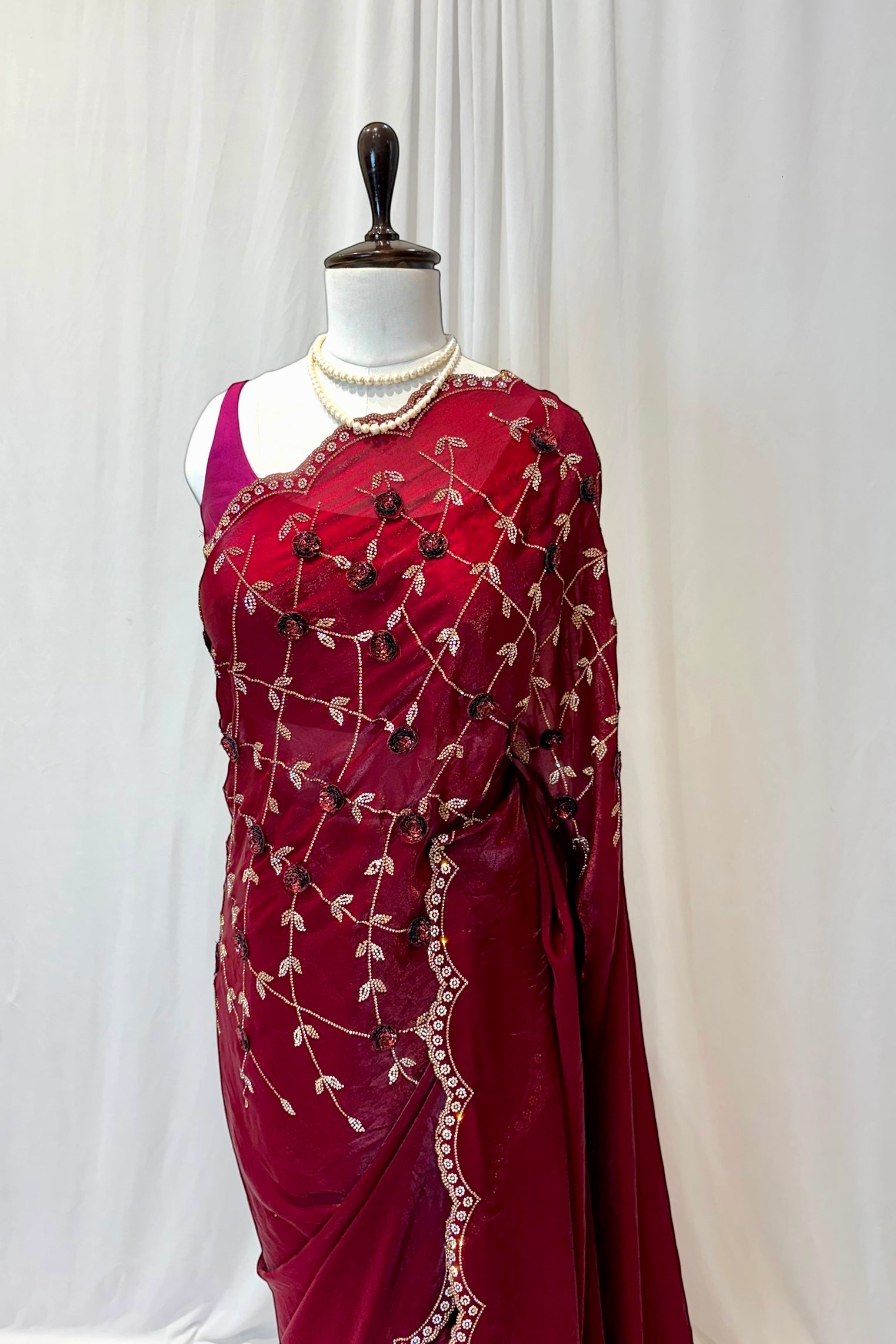 Designer maroon scallop saree