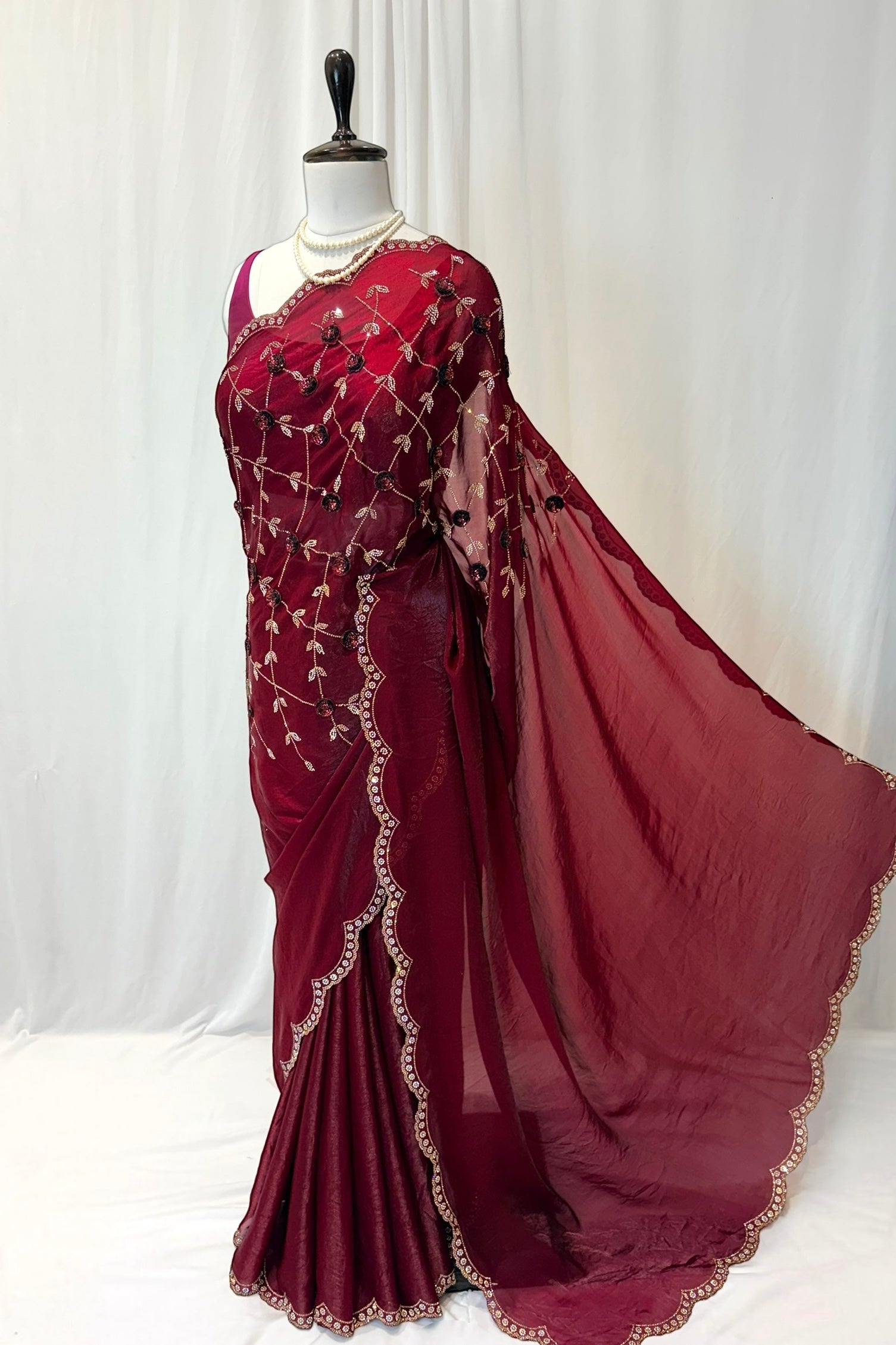 Designer maroon scallop saree