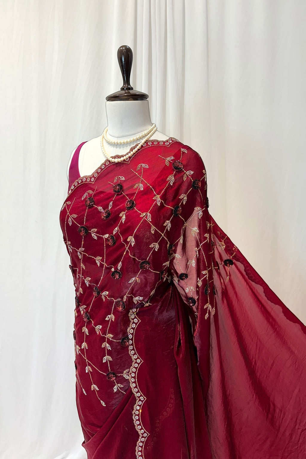 Designer maroon scallop saree