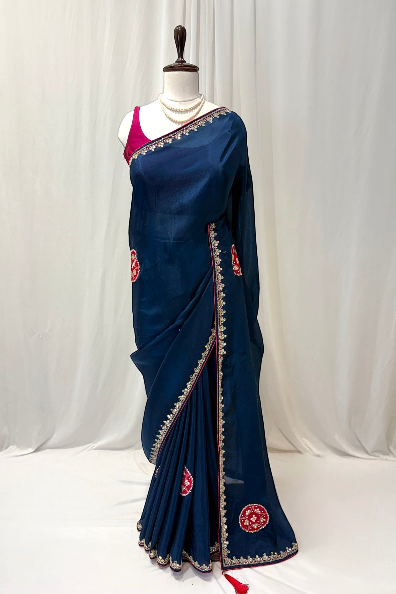 Teal blue pure organza saree