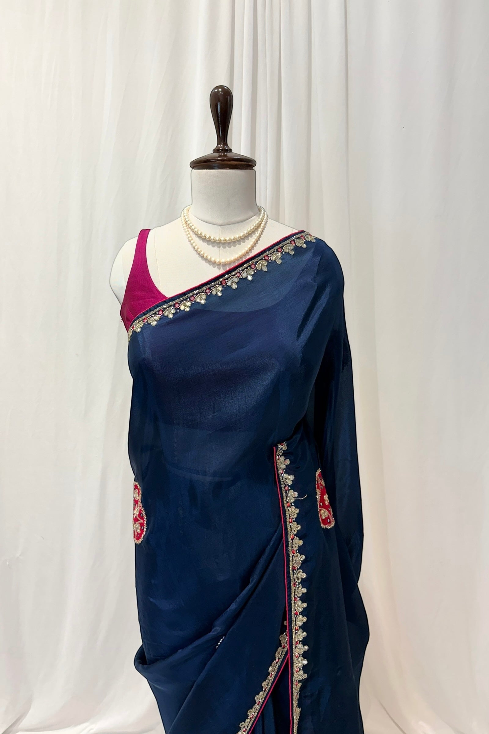 Teal blue pure organza saree