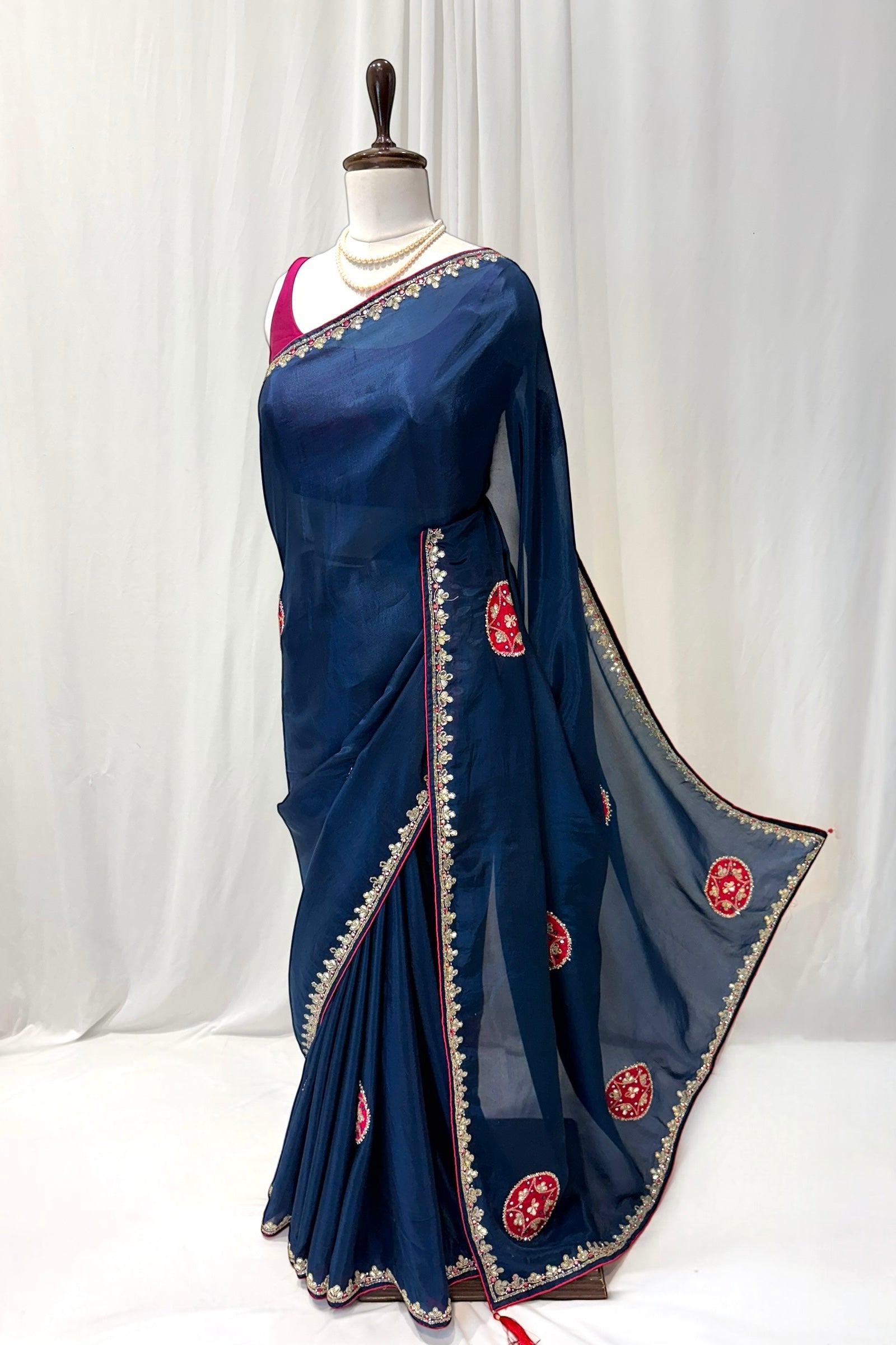 Teal blue pure organza saree