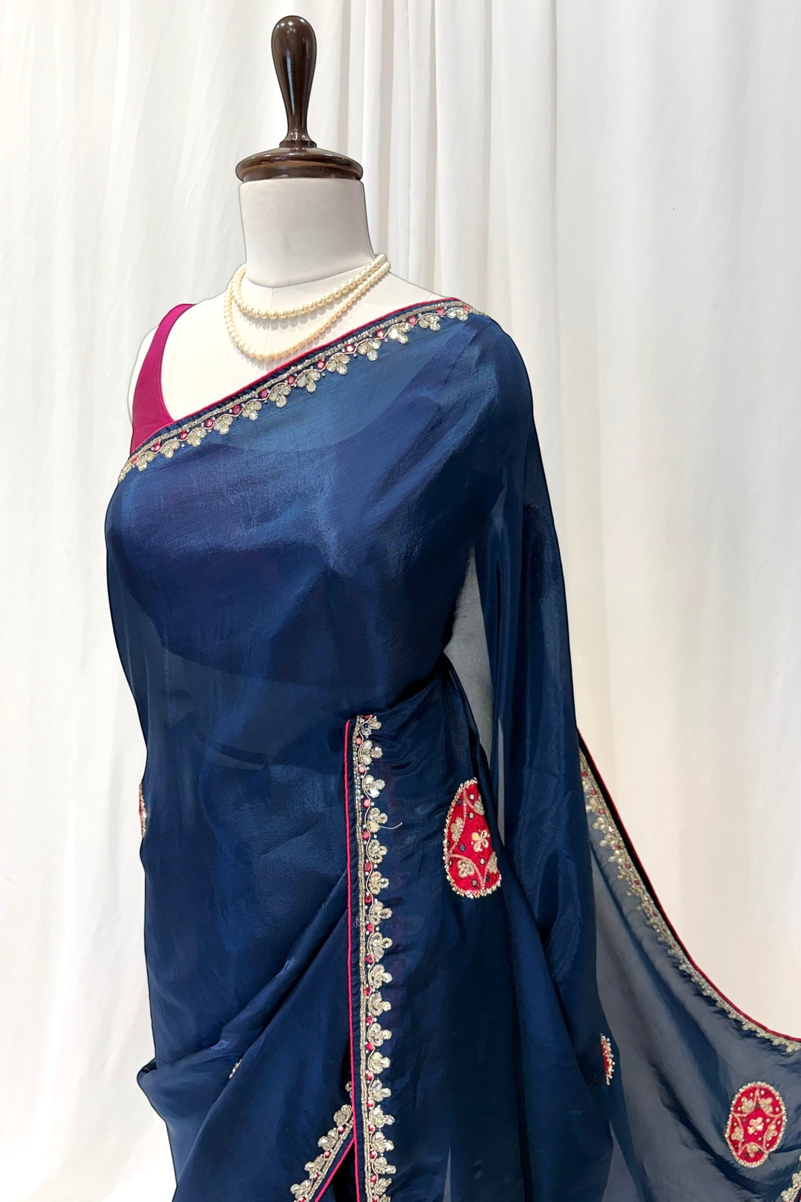 Teal blue pure organza saree