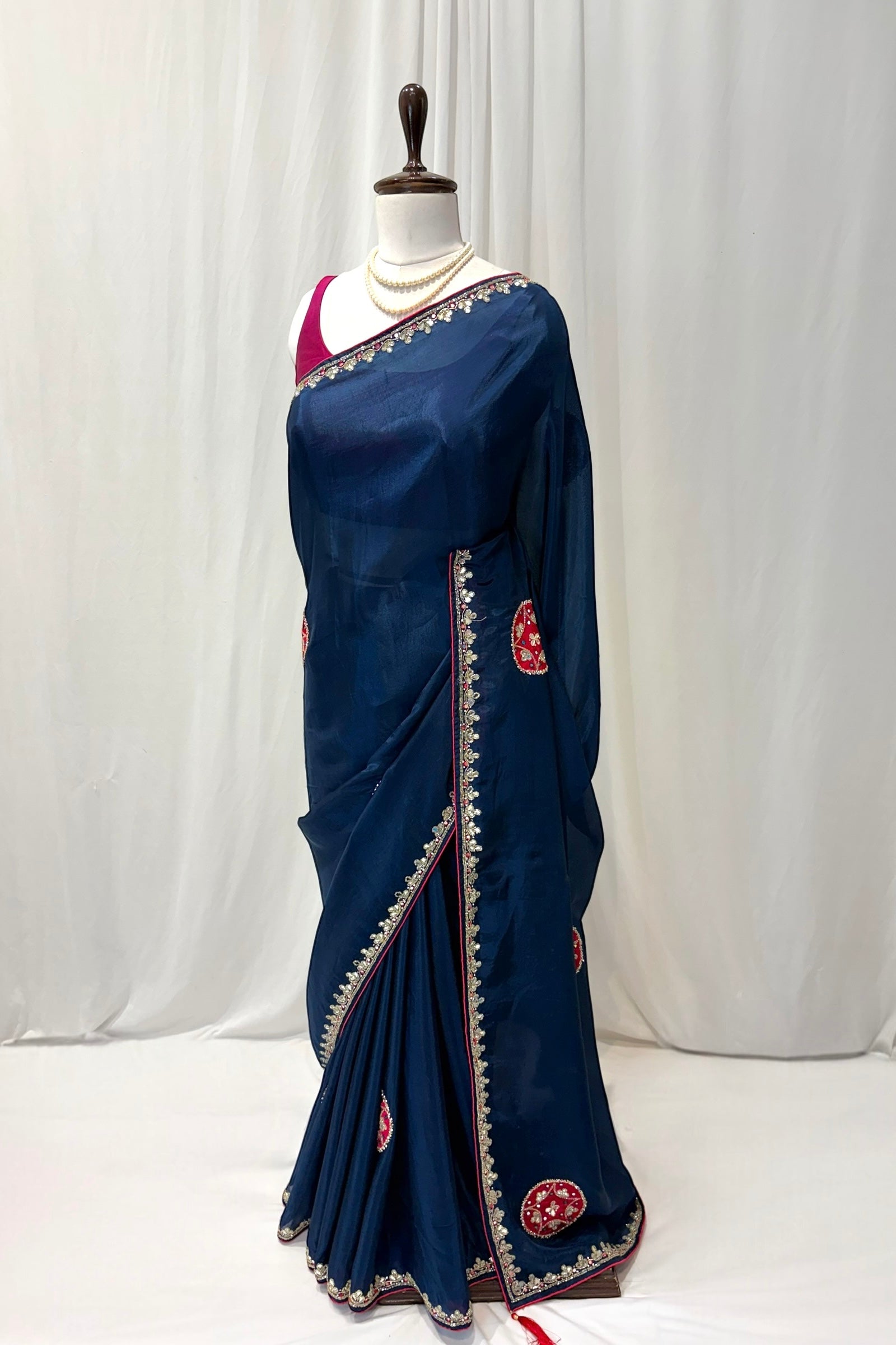 Teal blue pure organza saree