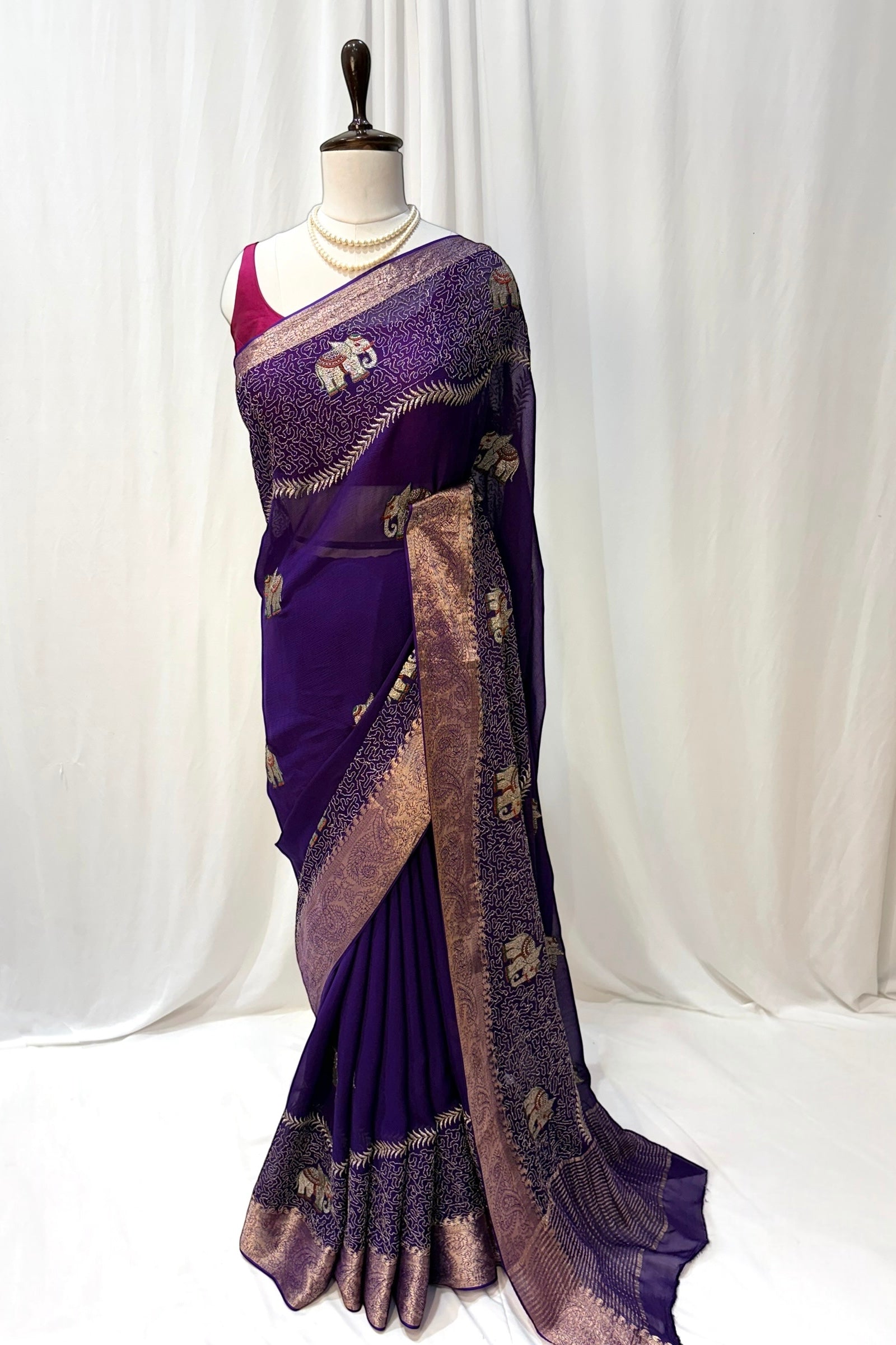 Chiffon elephant zari saree - Peacock purple