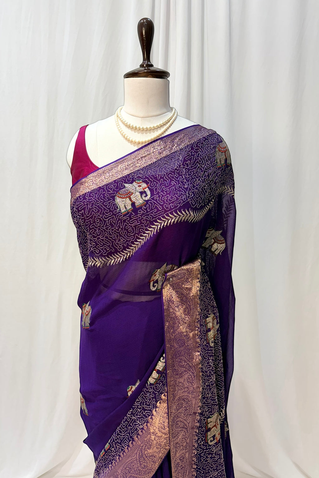 Chiffon elephant zari saree - Peacock purple