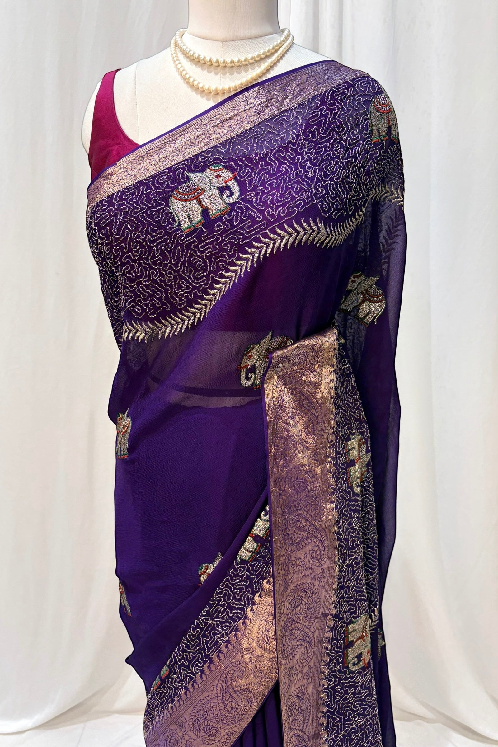 Chiffon elephant zari saree - Peacock purple
