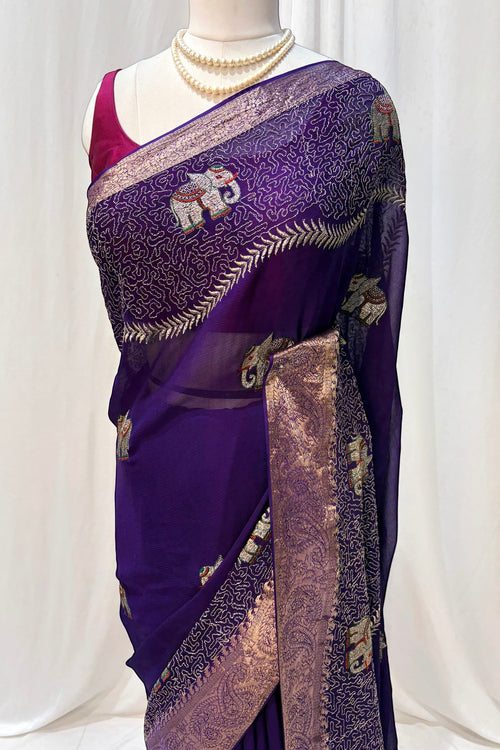 Chiffon elephant zari saree - Peacock purple