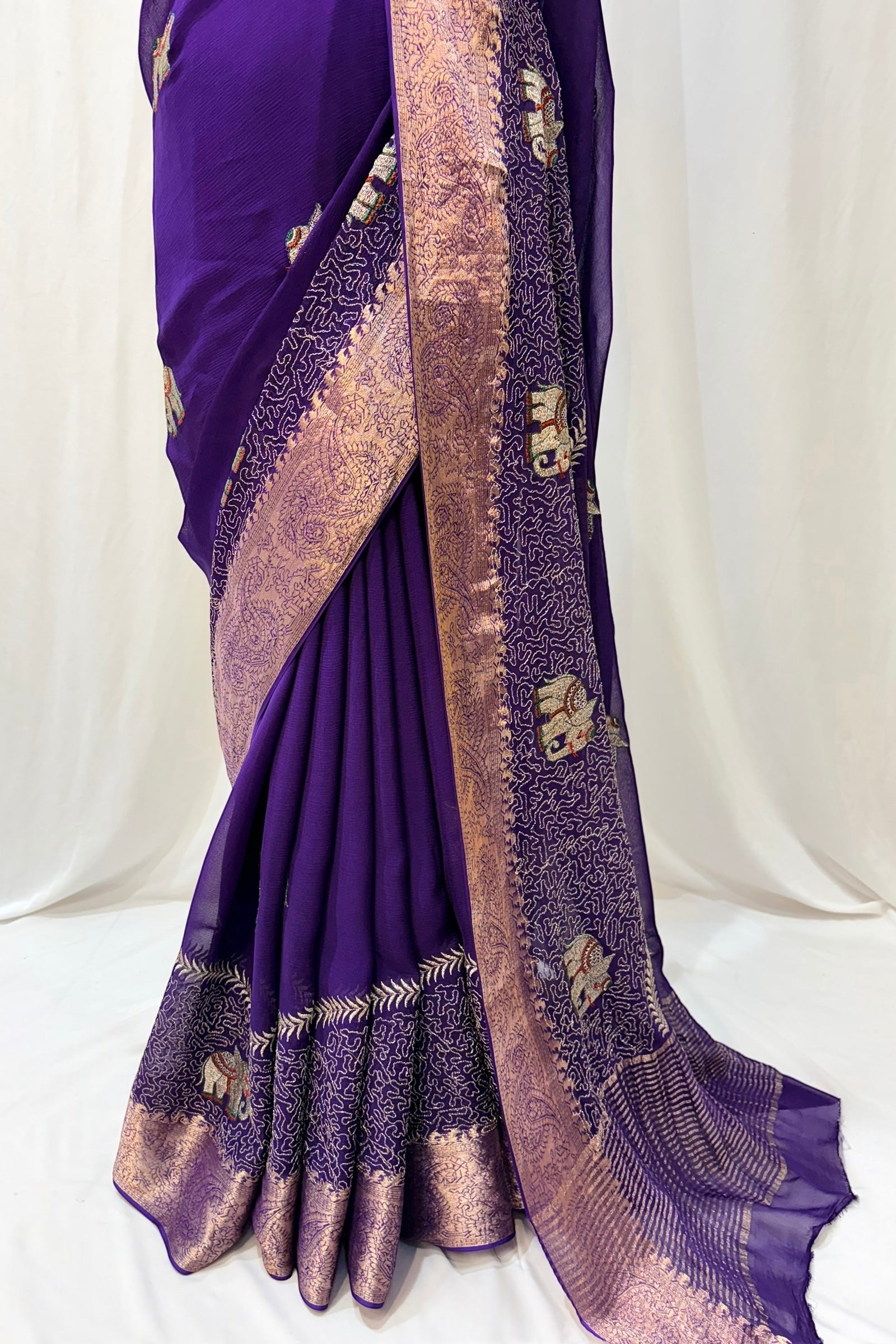 Chiffon elephant zari saree - Peacock purple
