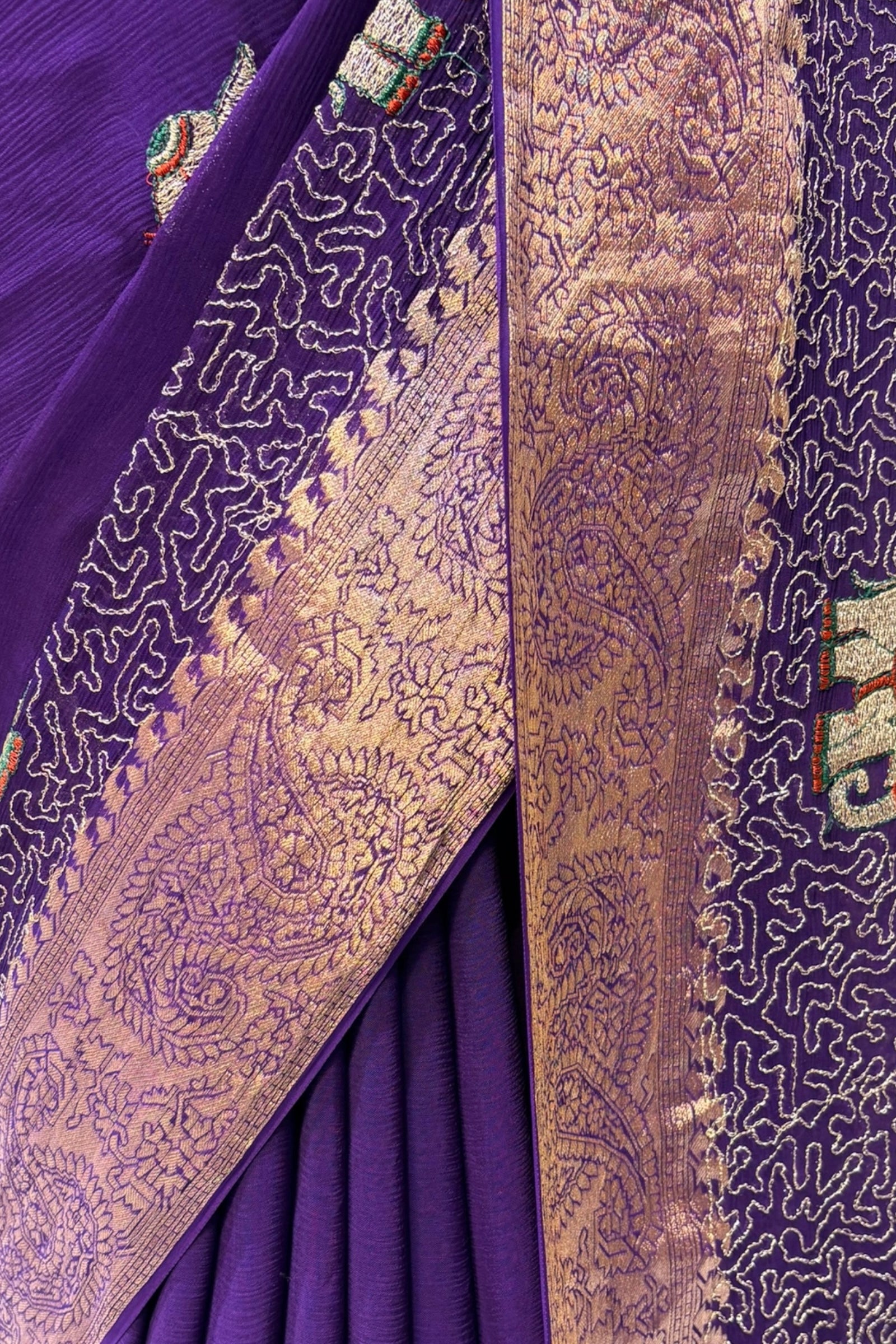Chiffon elephant zari saree - Peacock purple