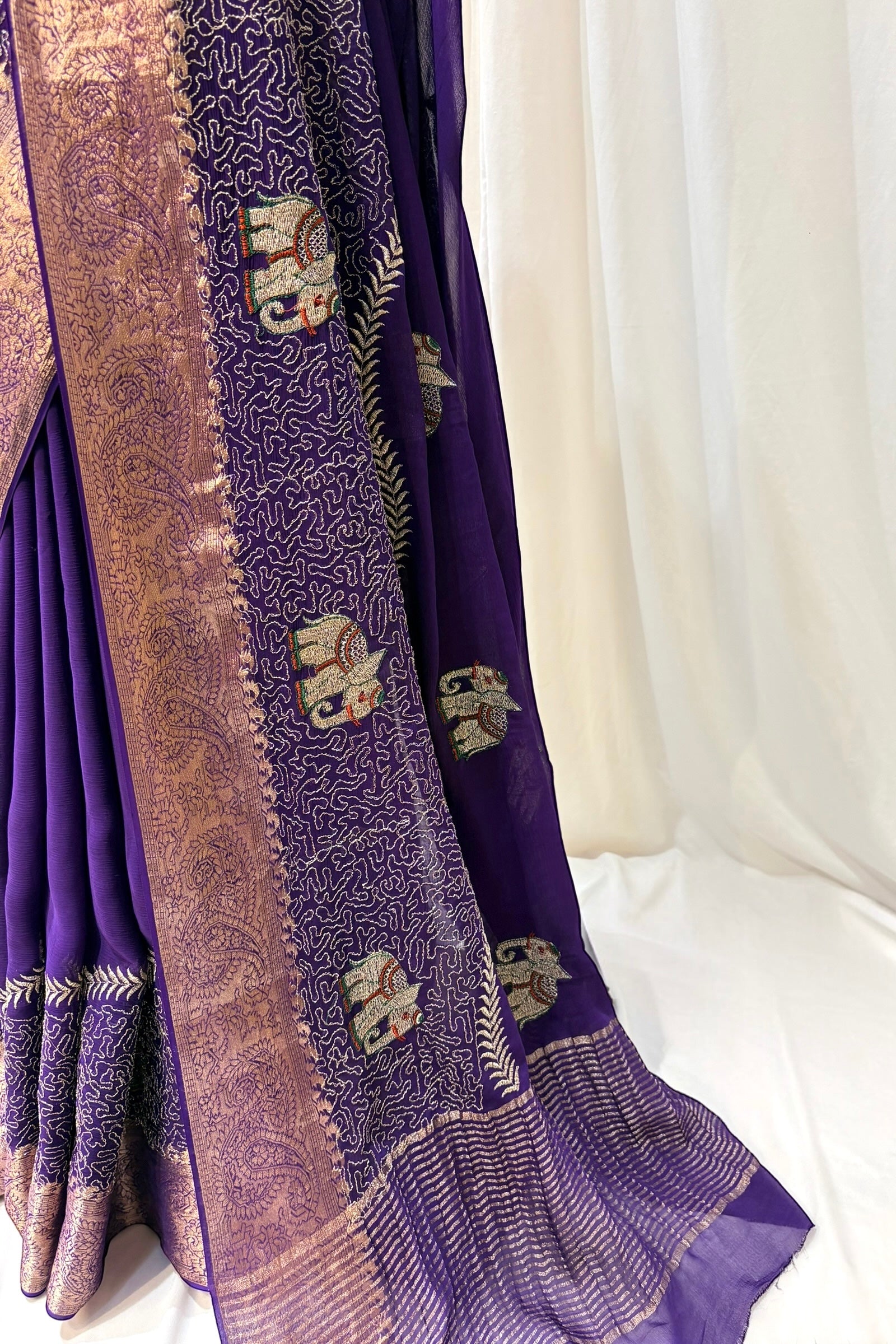 Chiffon elephant zari saree - Peacock purple