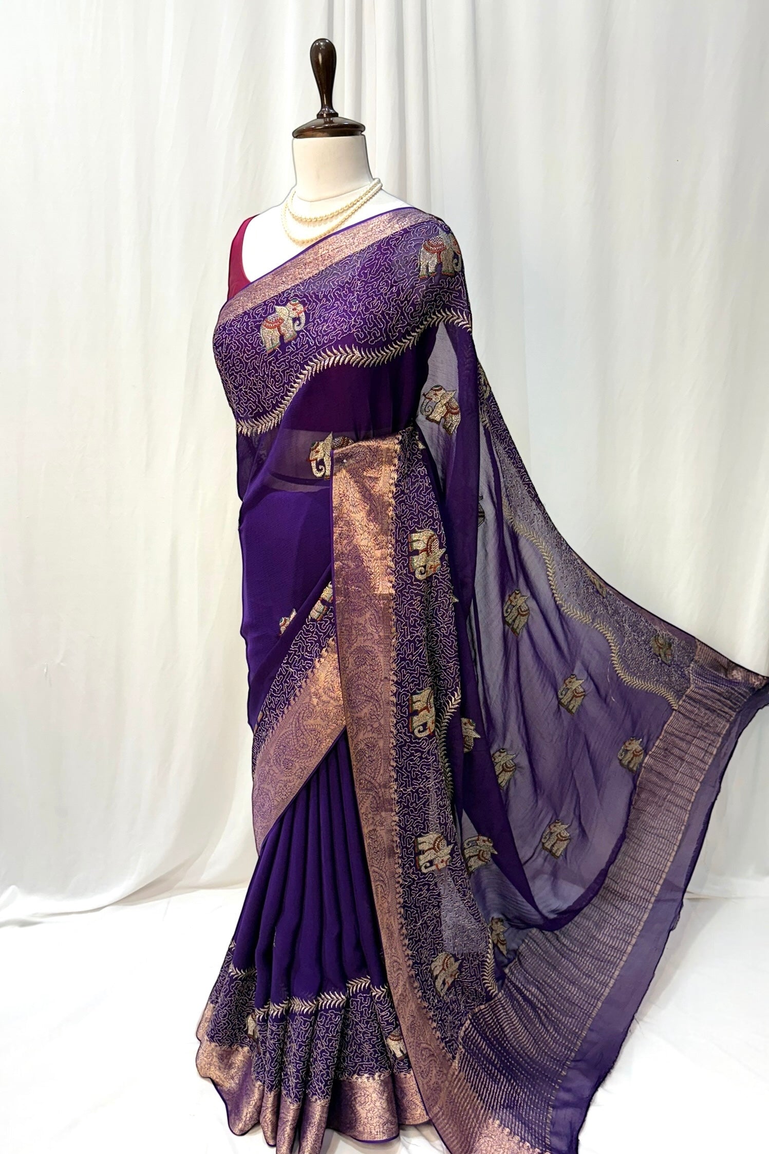 Chiffon elephant zari saree - Peacock purple