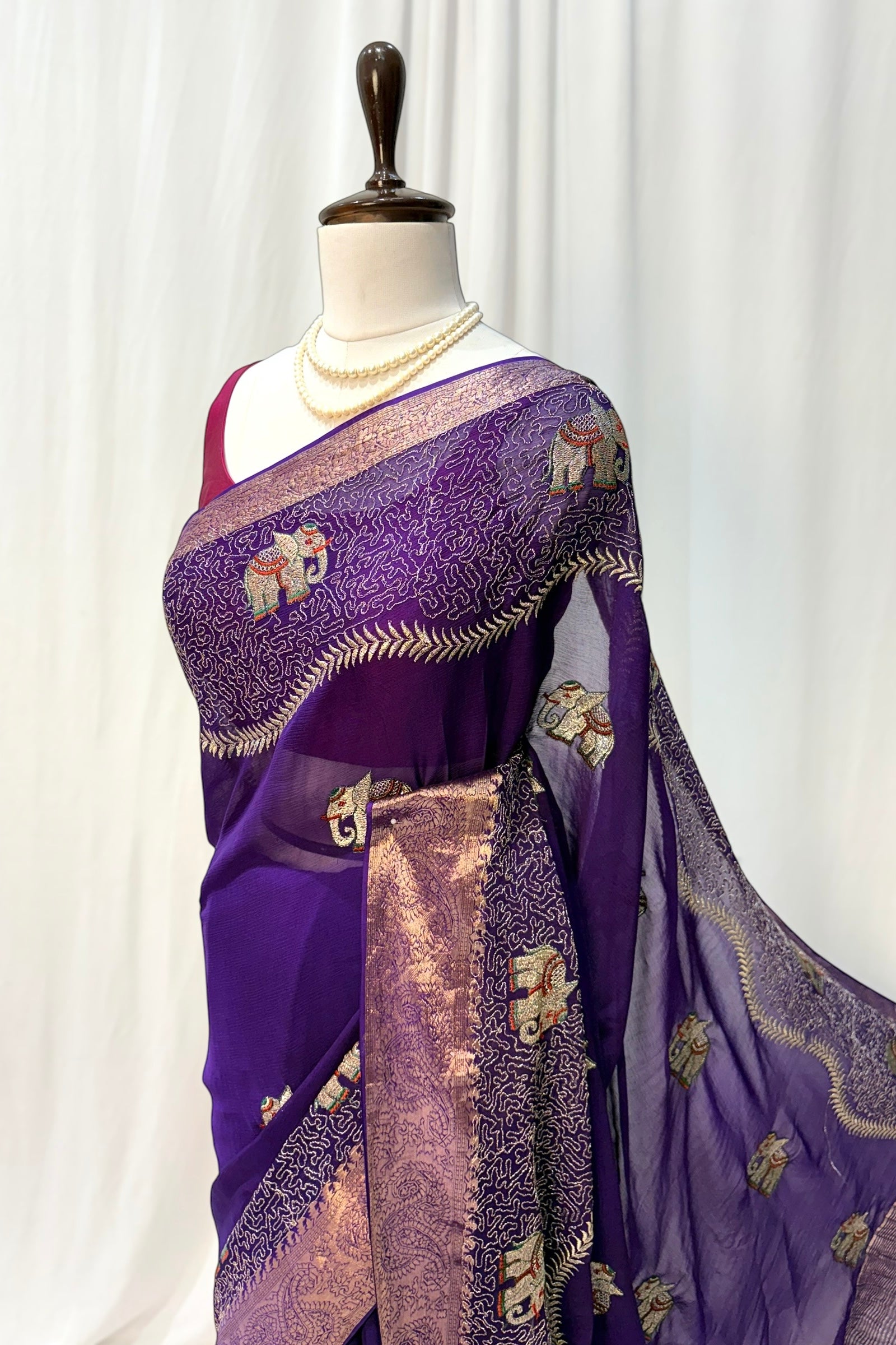 Chiffon elephant zari saree - Peacock purple