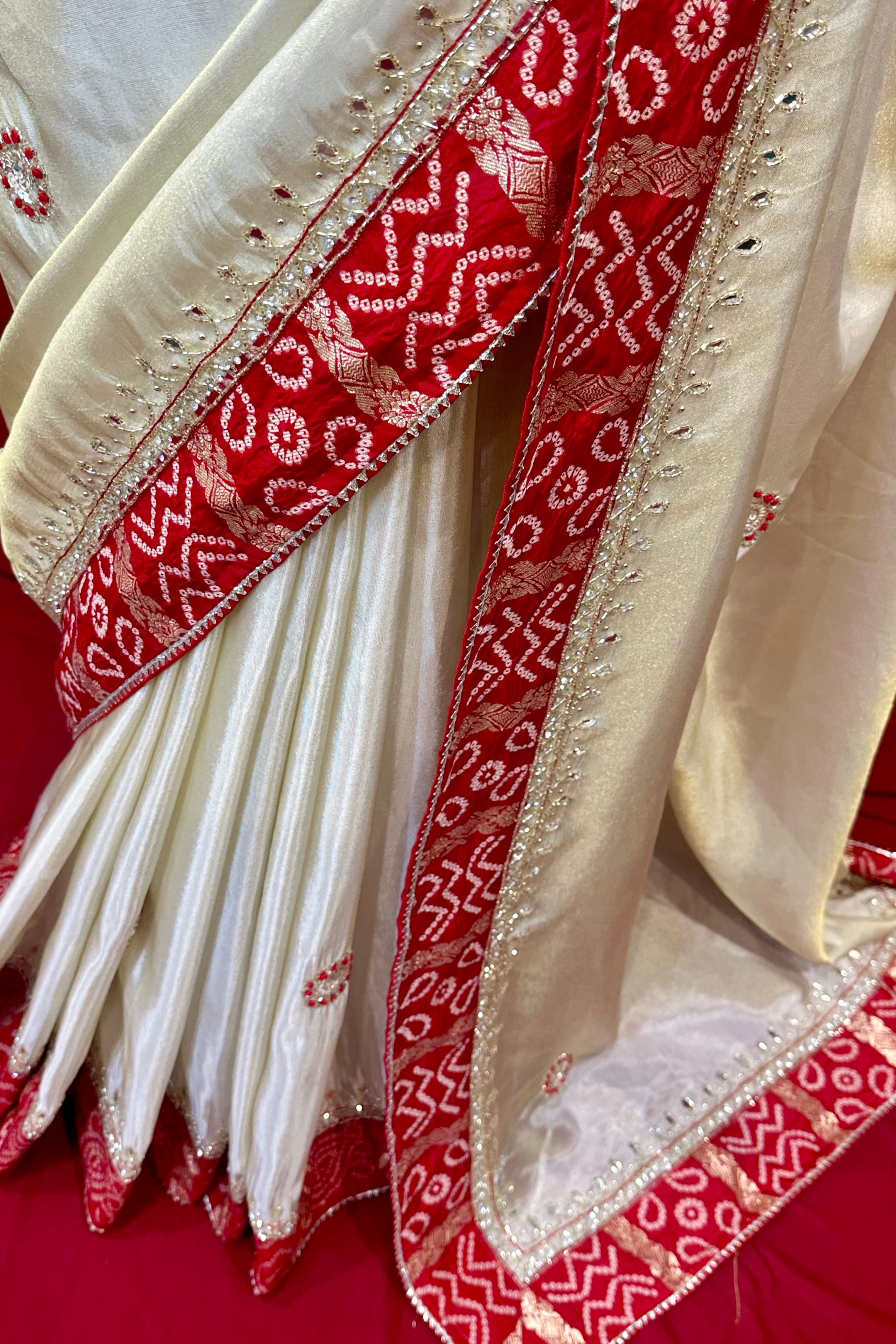 Golden red soft tissue mirror work saree