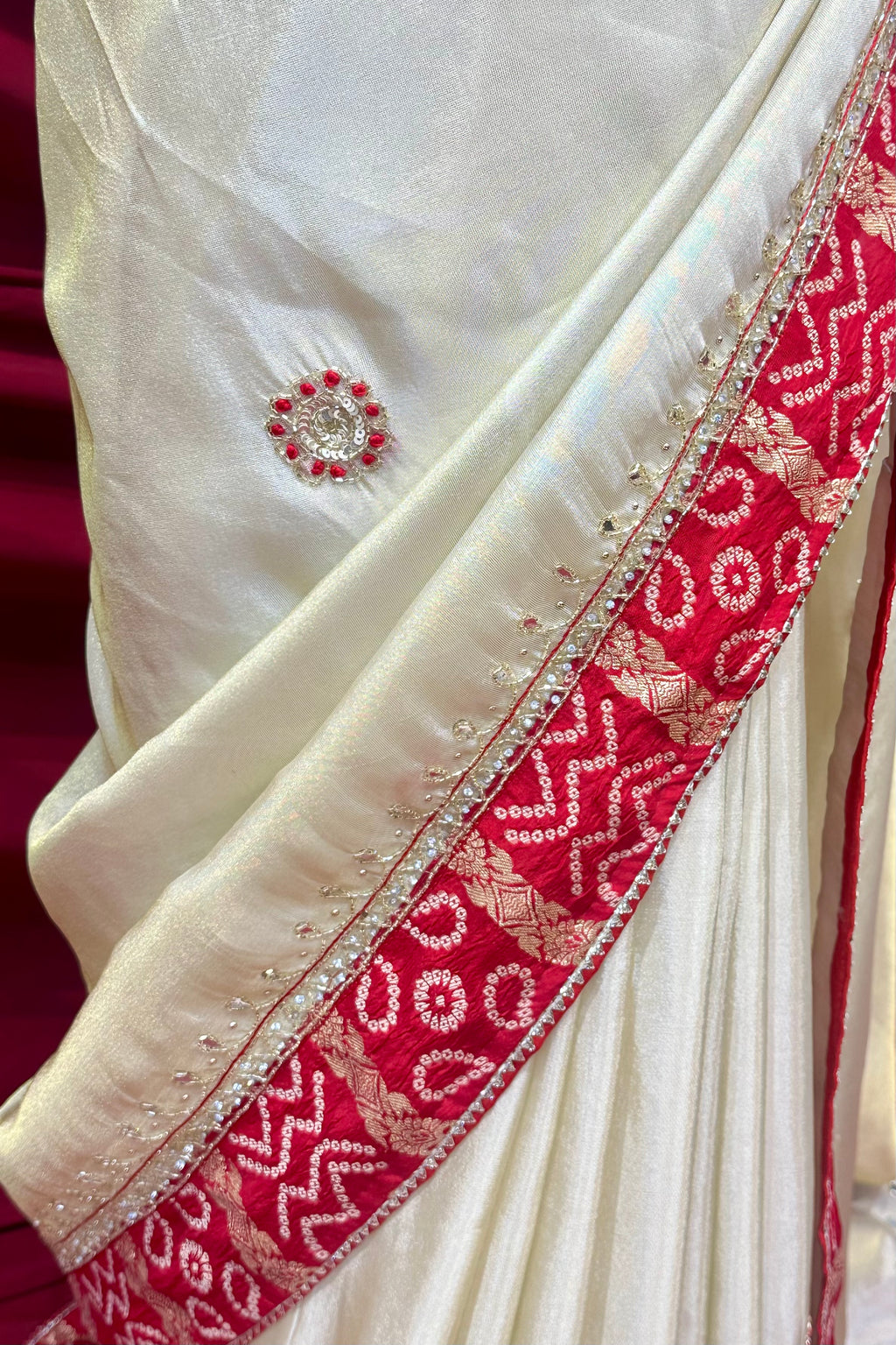 Golden red soft tissue mirror work saree