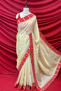 Golden red soft tissue mirror work saree
