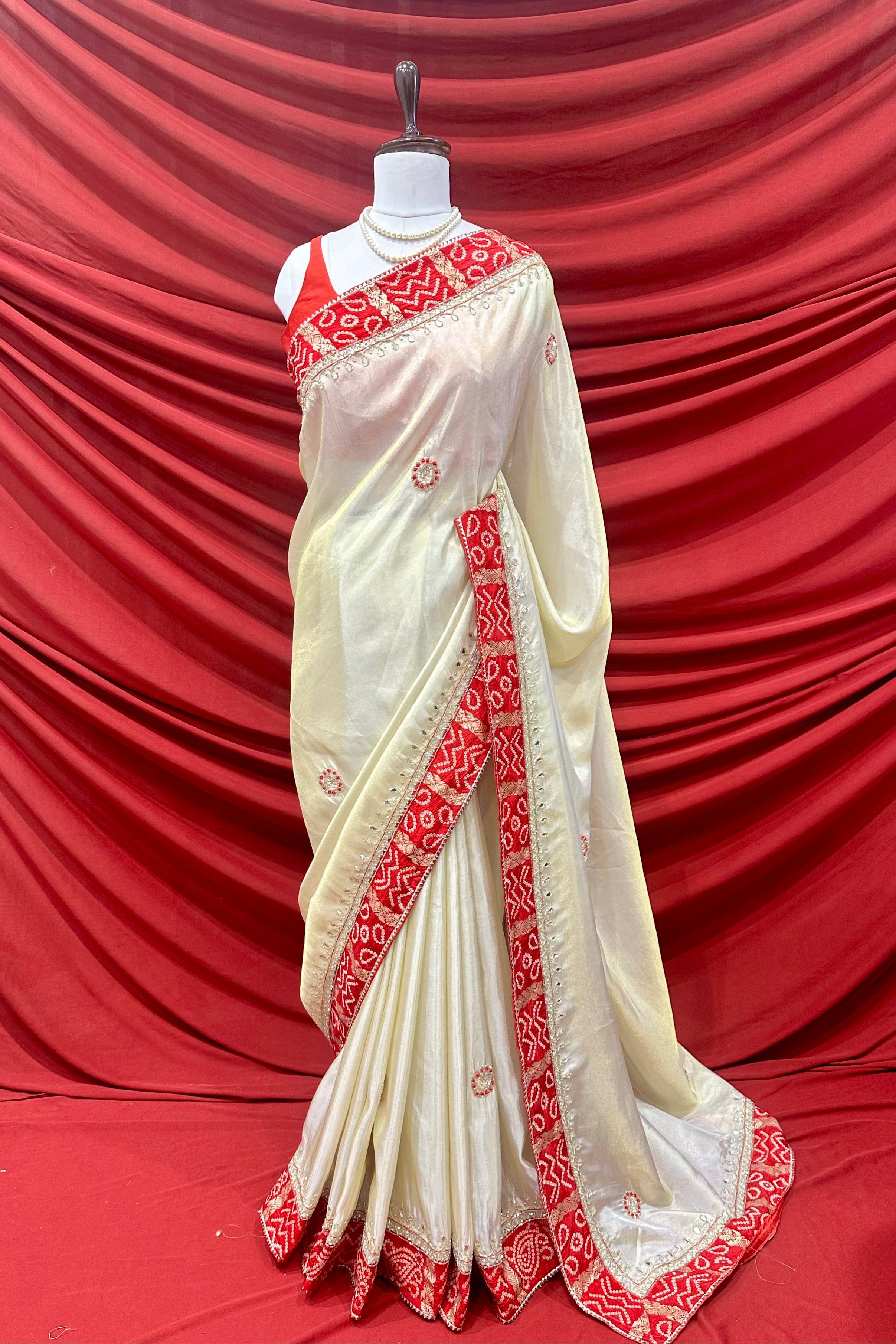 Golden red soft tissue mirror work saree