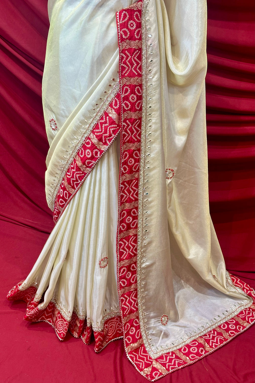 Golden red soft tissue mirror work saree