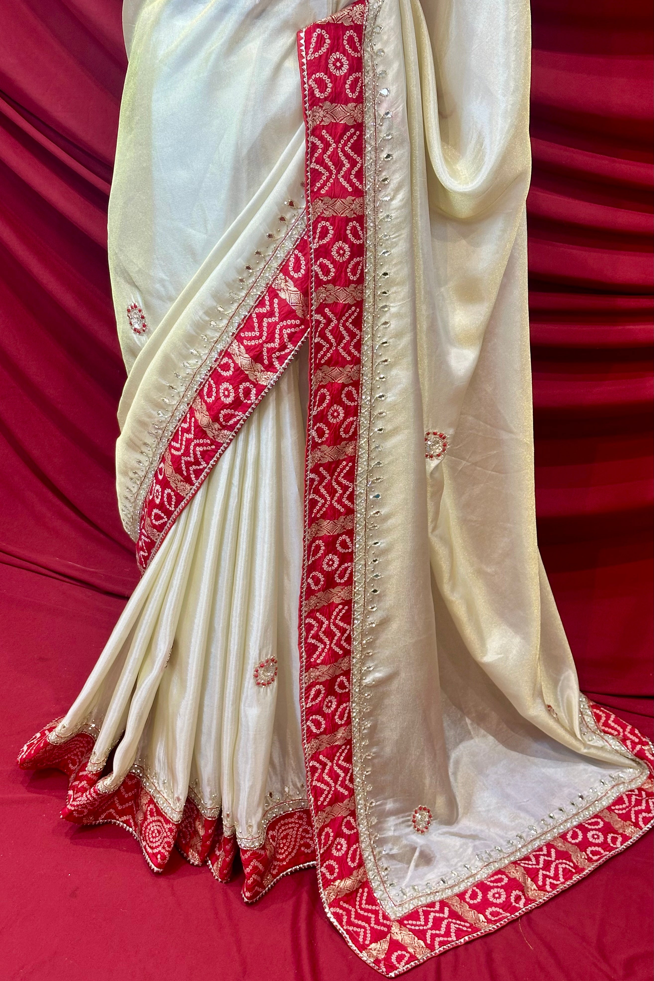 Golden red soft tissue mirror work saree