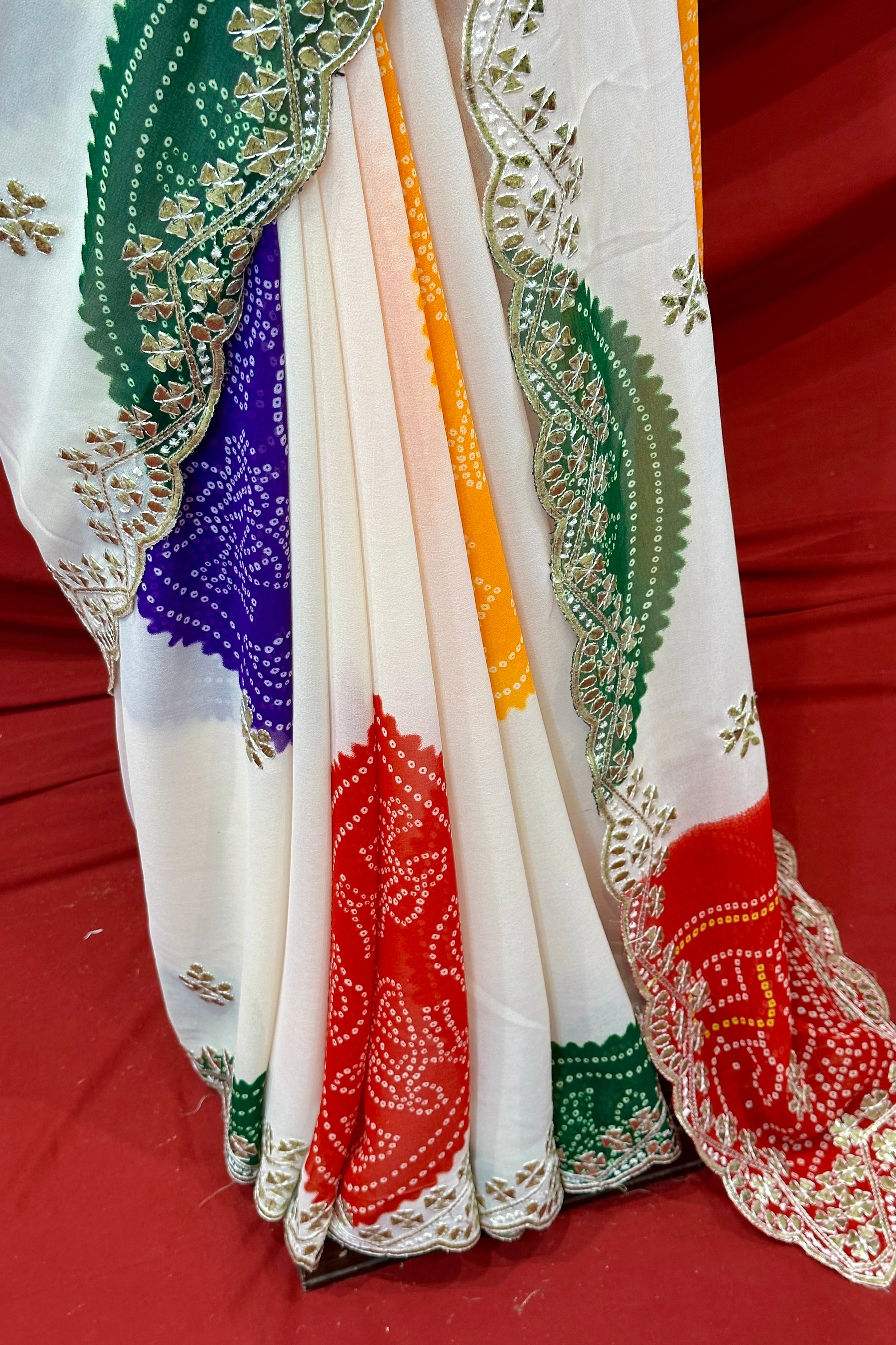 White georgette bandhani print saree