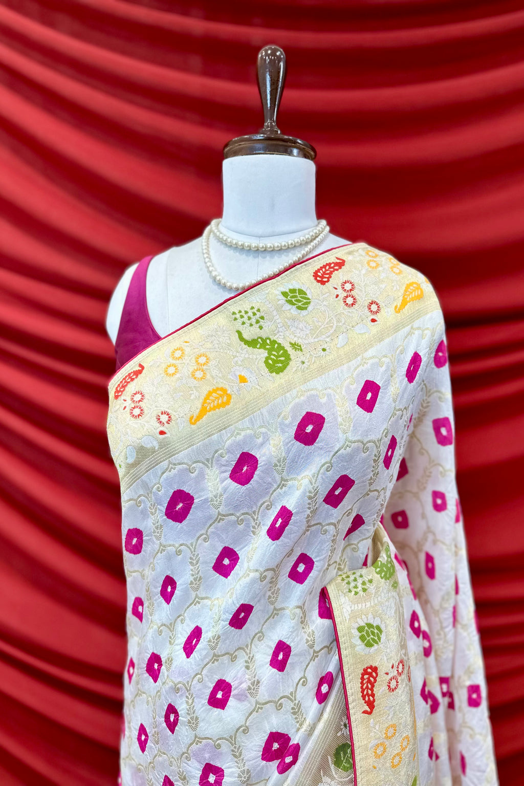 Dola bandhej zari saree - White