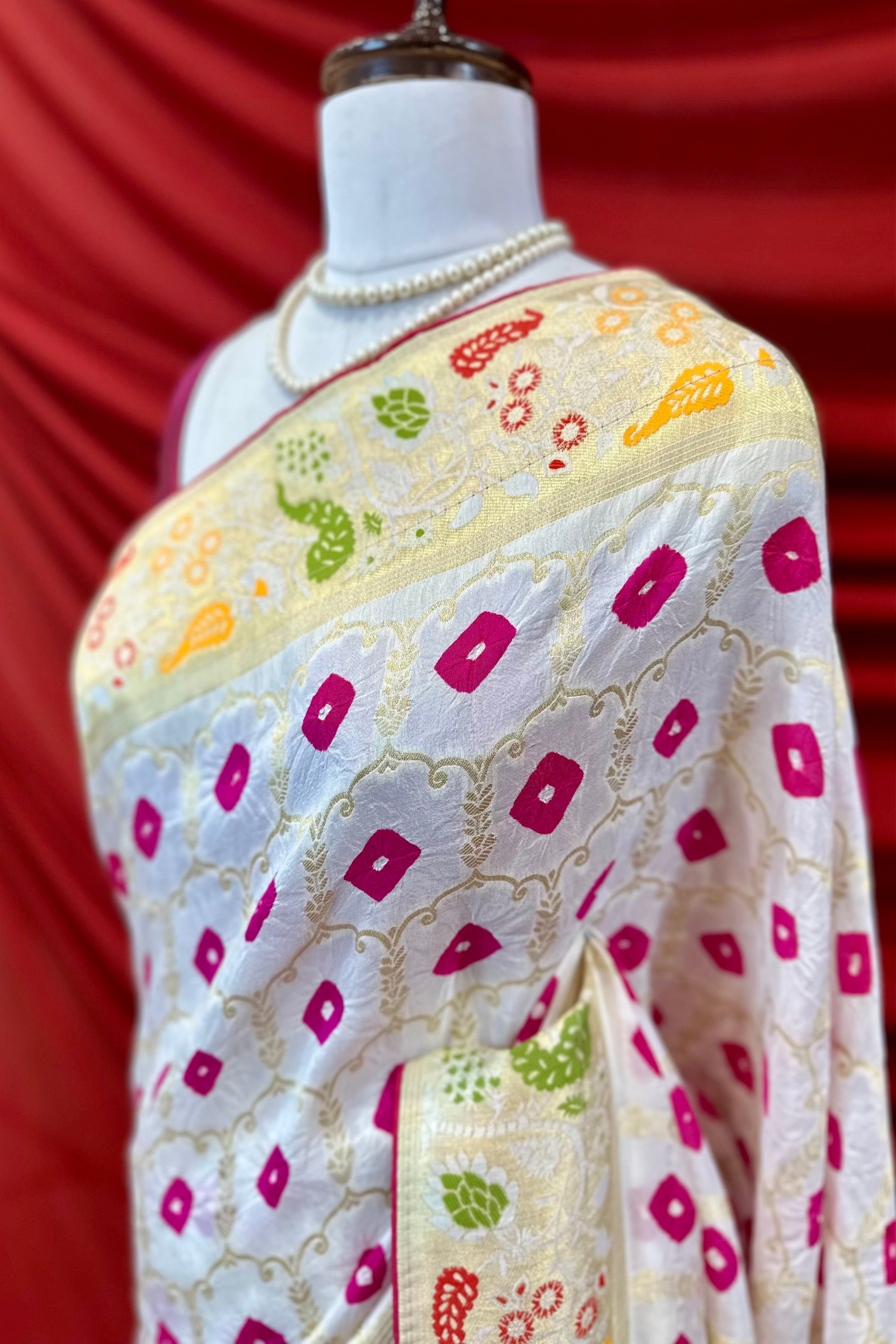 Dola bandhej zari saree - White