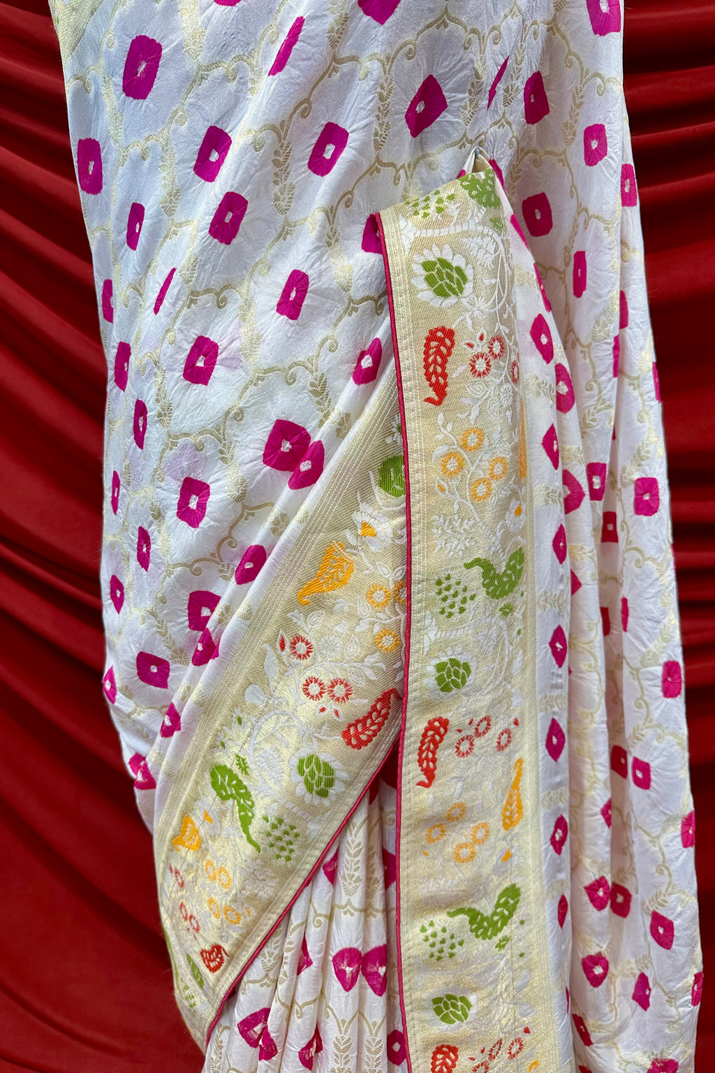 Dola bandhej zari saree - White