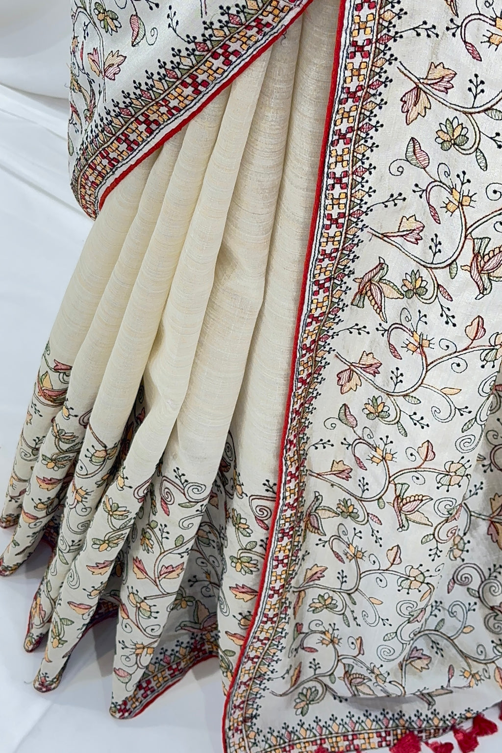 Cream cotton linen embroidered saree