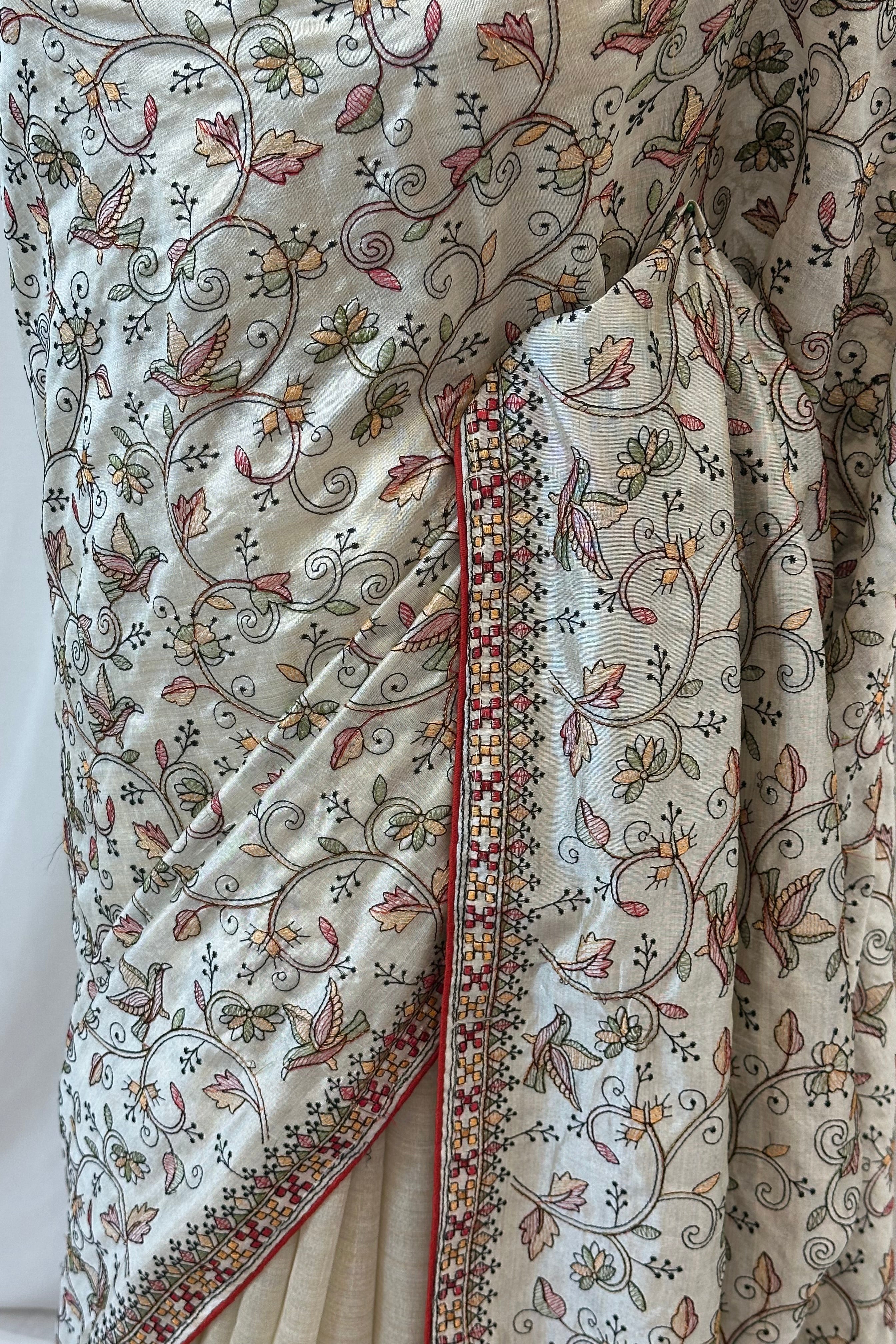 Cream cotton linen embroidered saree