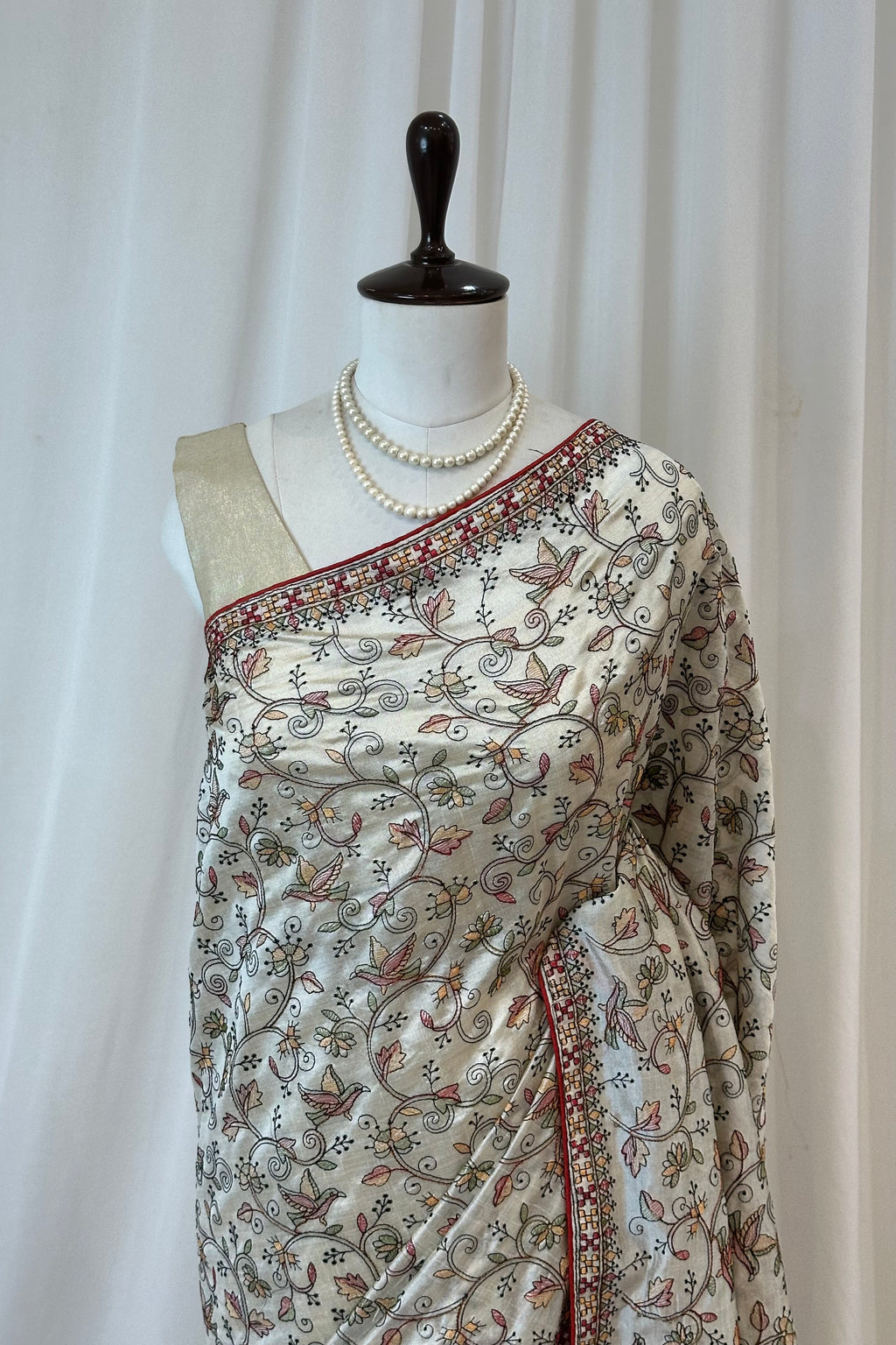 Cream cotton linen embroidered saree