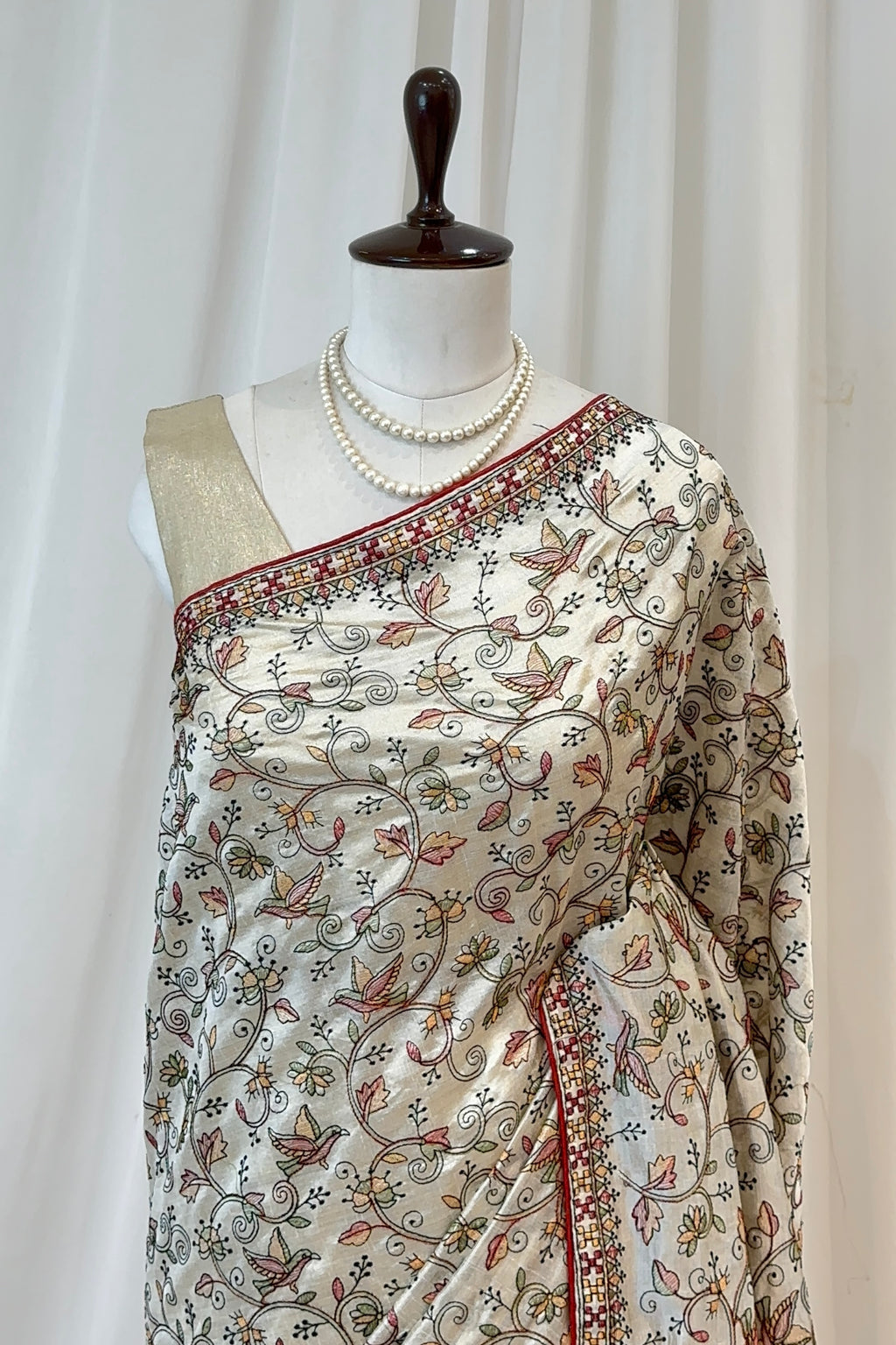 Cream cotton linen embroidered saree