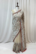 Cream cotton linen embroidered saree
