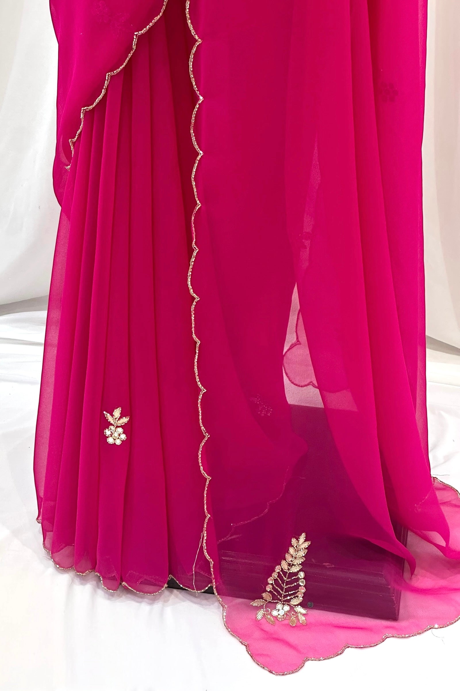 Magenta pink mirror work chiffon saree