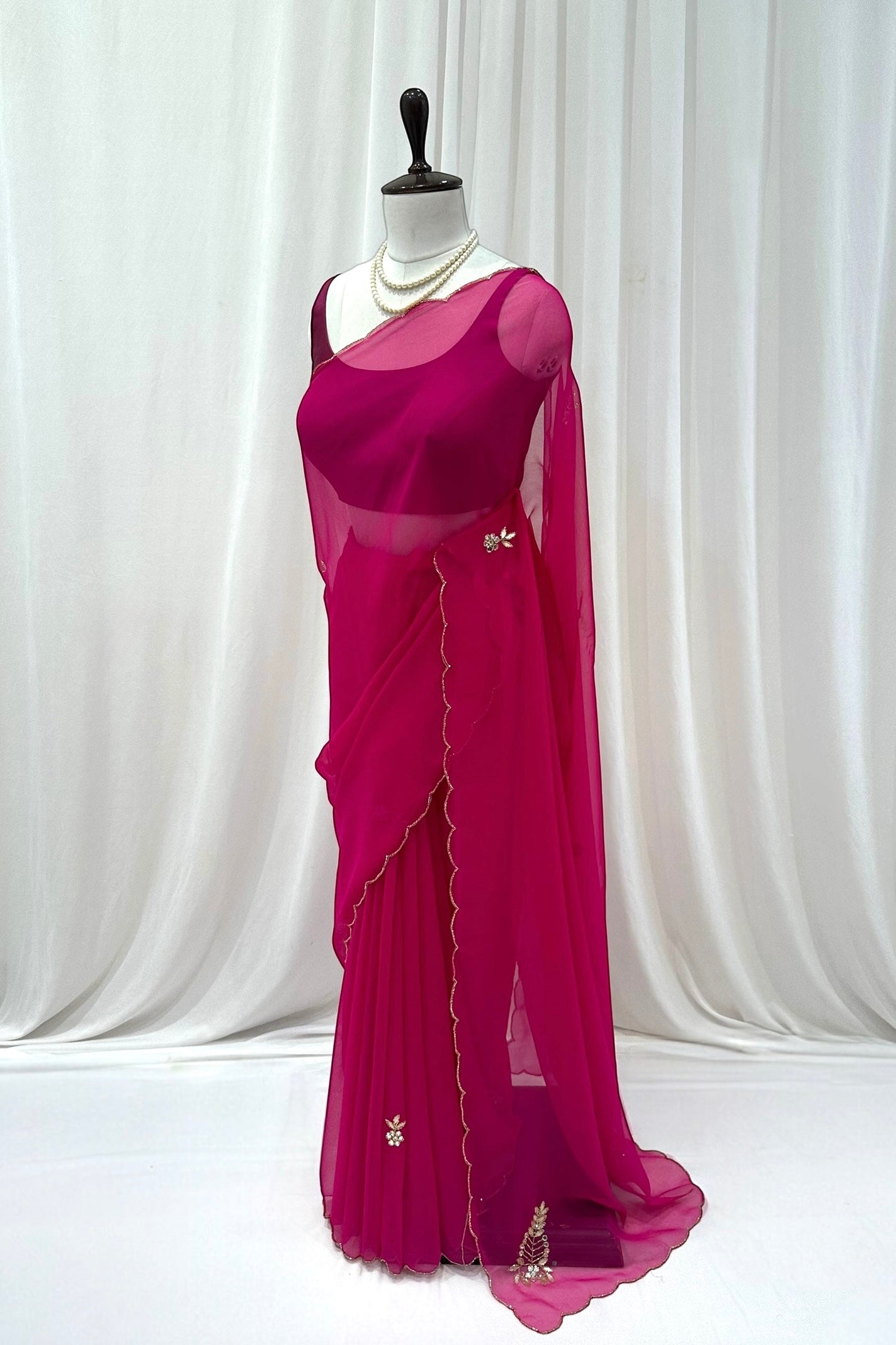Magenta pink mirror work chiffon saree