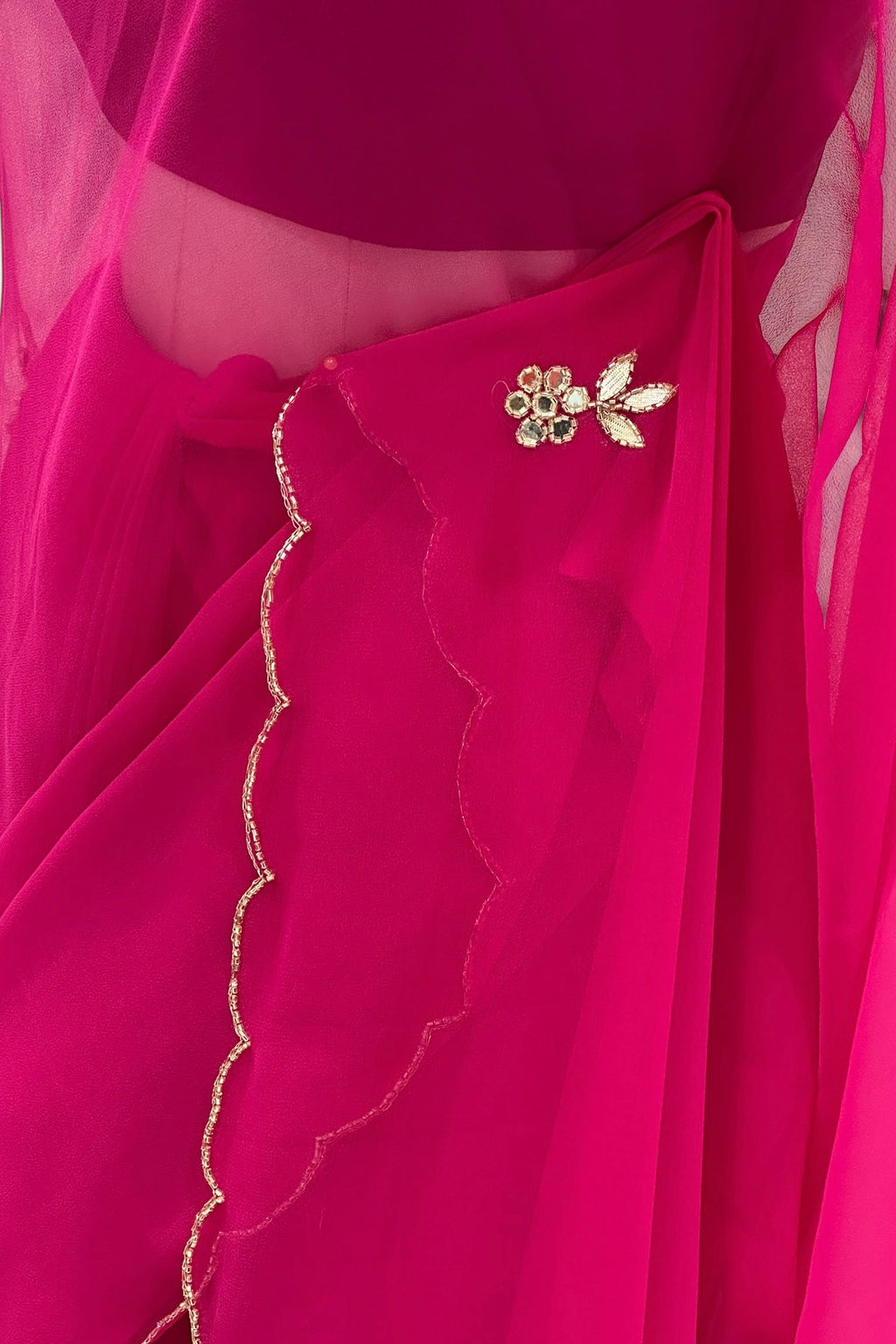 Magenta pink mirror work chiffon saree