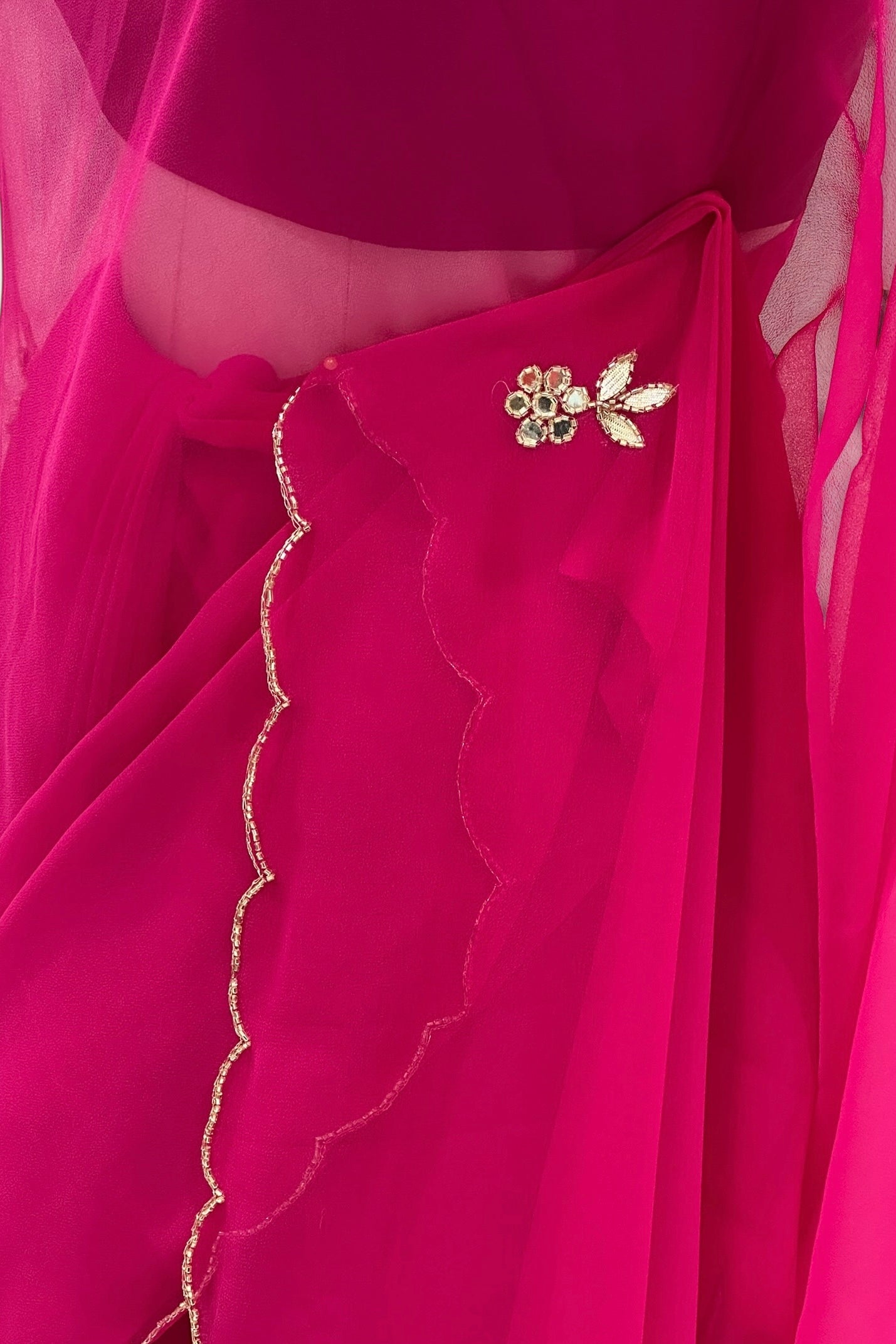 Magenta pink mirror work chiffon saree