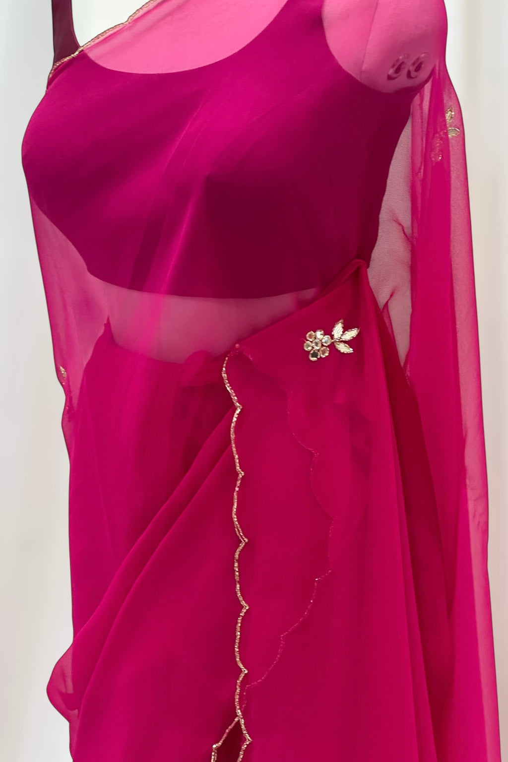 Magenta pink mirror work chiffon saree