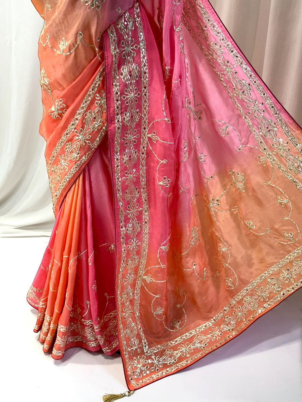 Orange pink shaded gotta work organza saree